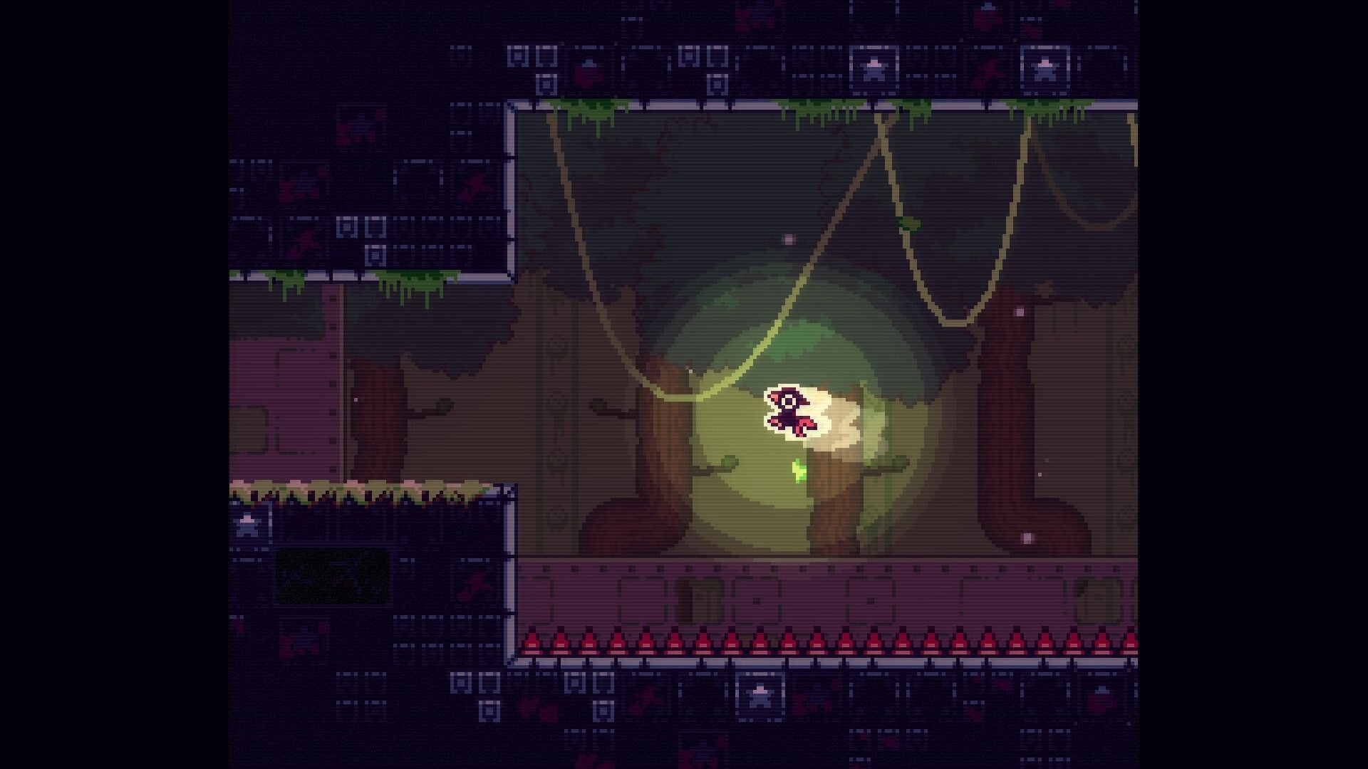 RavenStar: Hooded hero glides through a vine-draped industrial chamber above a spike floor.
