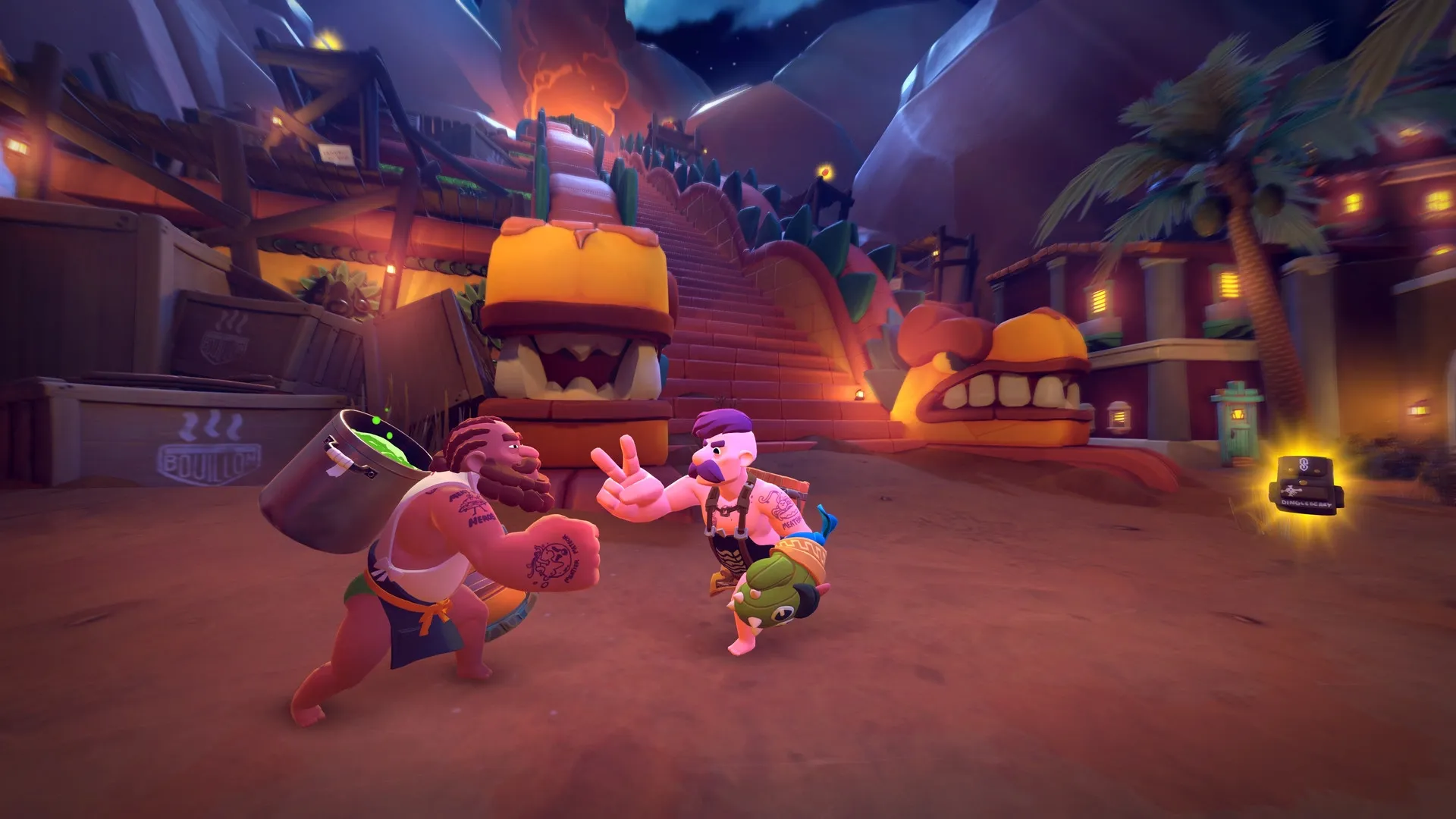 RAWMEN: Two characters in a food-themed arena face off near giant taco-shaped structures