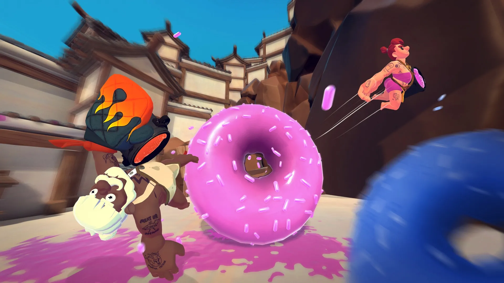 RAWMEN: Character dodging giant pink donut in vibrant courtyard arena with traditional buildings