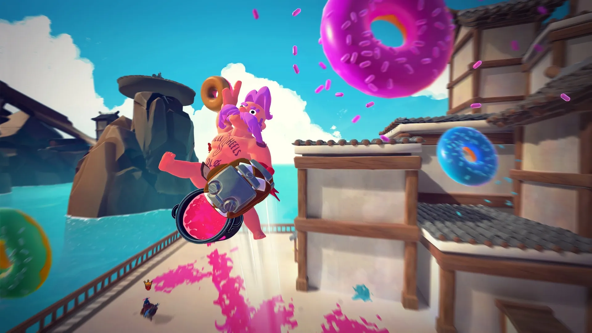 RAWMEN: Character riding food-themed vehicle in seaside arena with donuts and colorful paint splashes