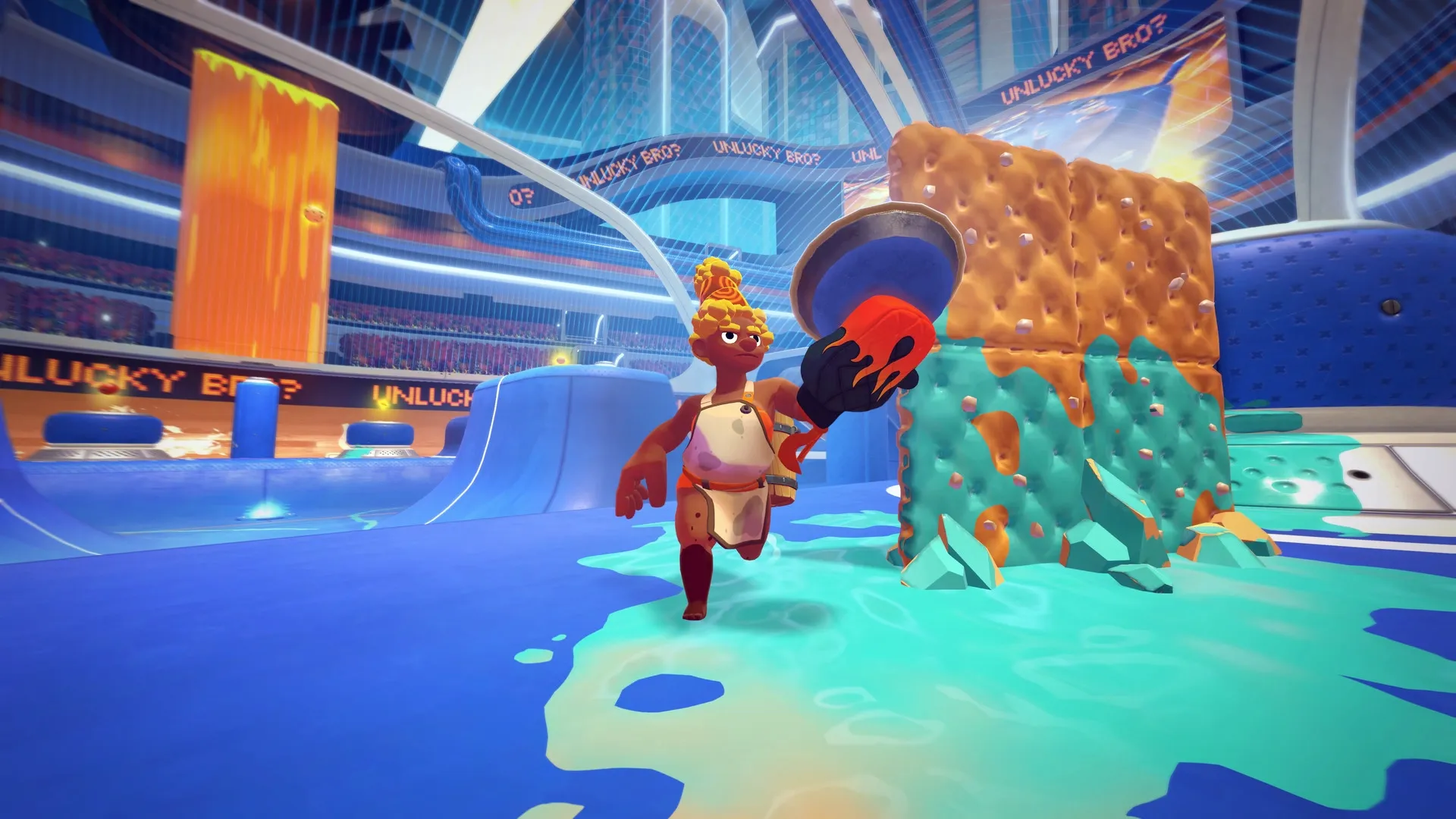 RAWMEN: Character wielding saucepan runs through vibrant arena with large cheese block obstacles