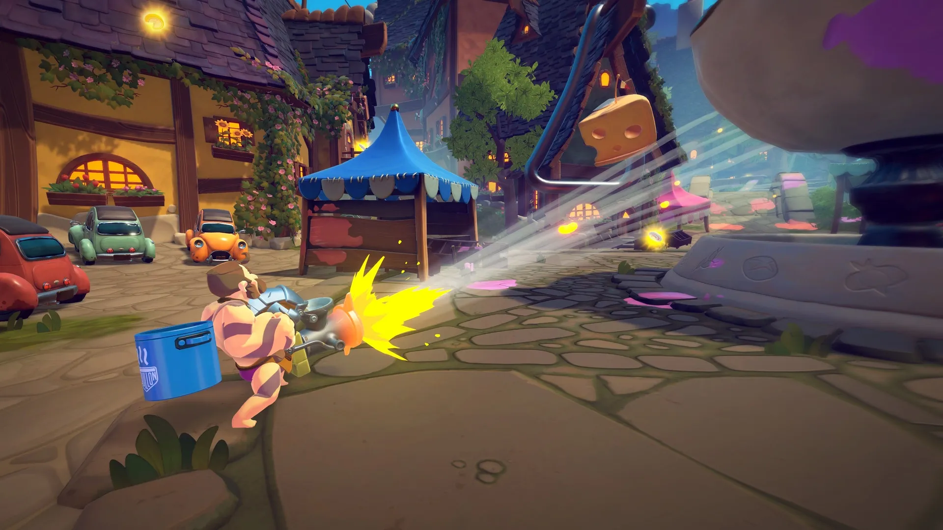RAWMEN: Character firing a food cannon in a whimsical village plaza with colorful cars and buildings