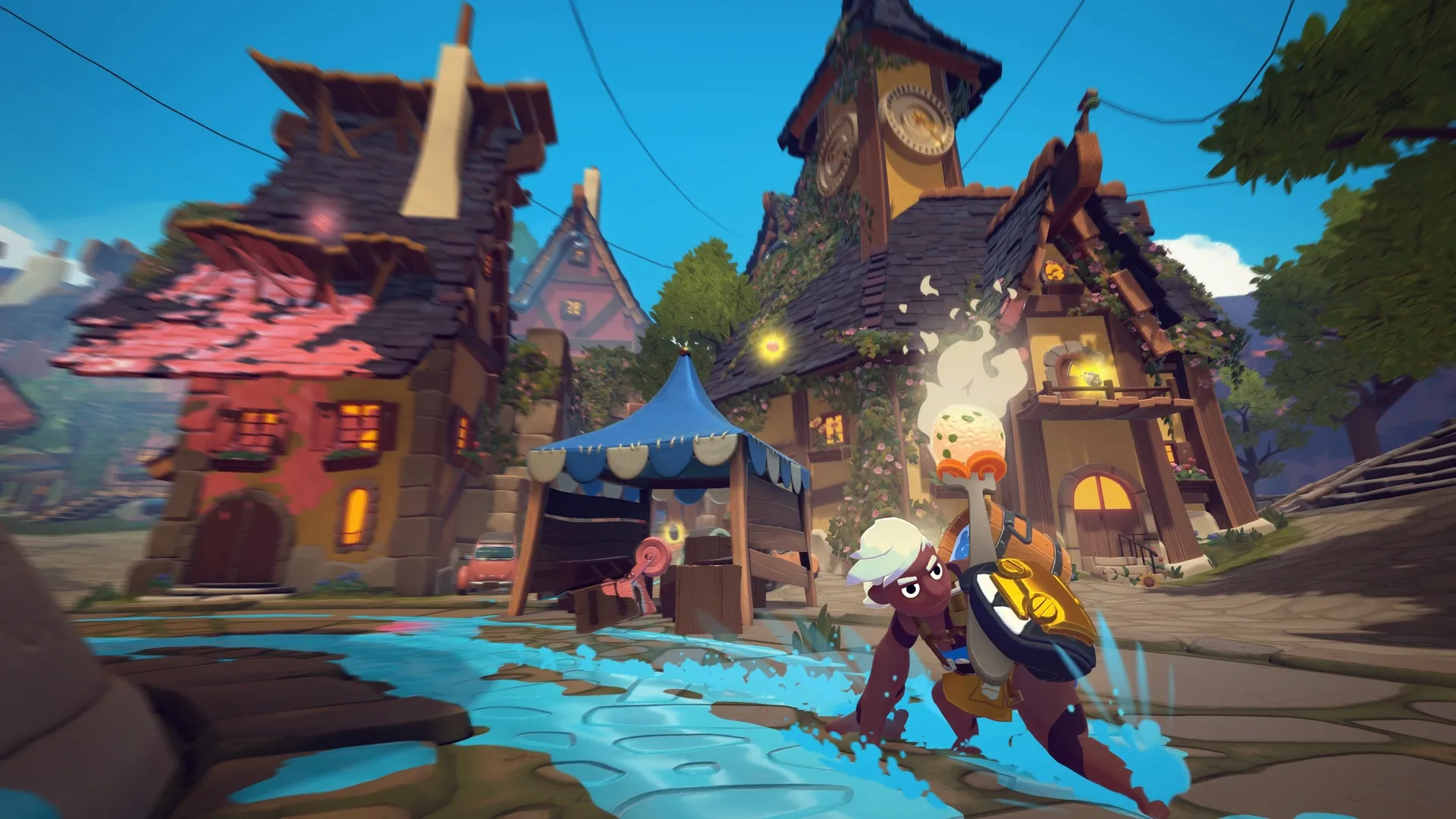 RAWMEN: Character wielding soup ladle in vibrant village setting with colorful houses and market tents