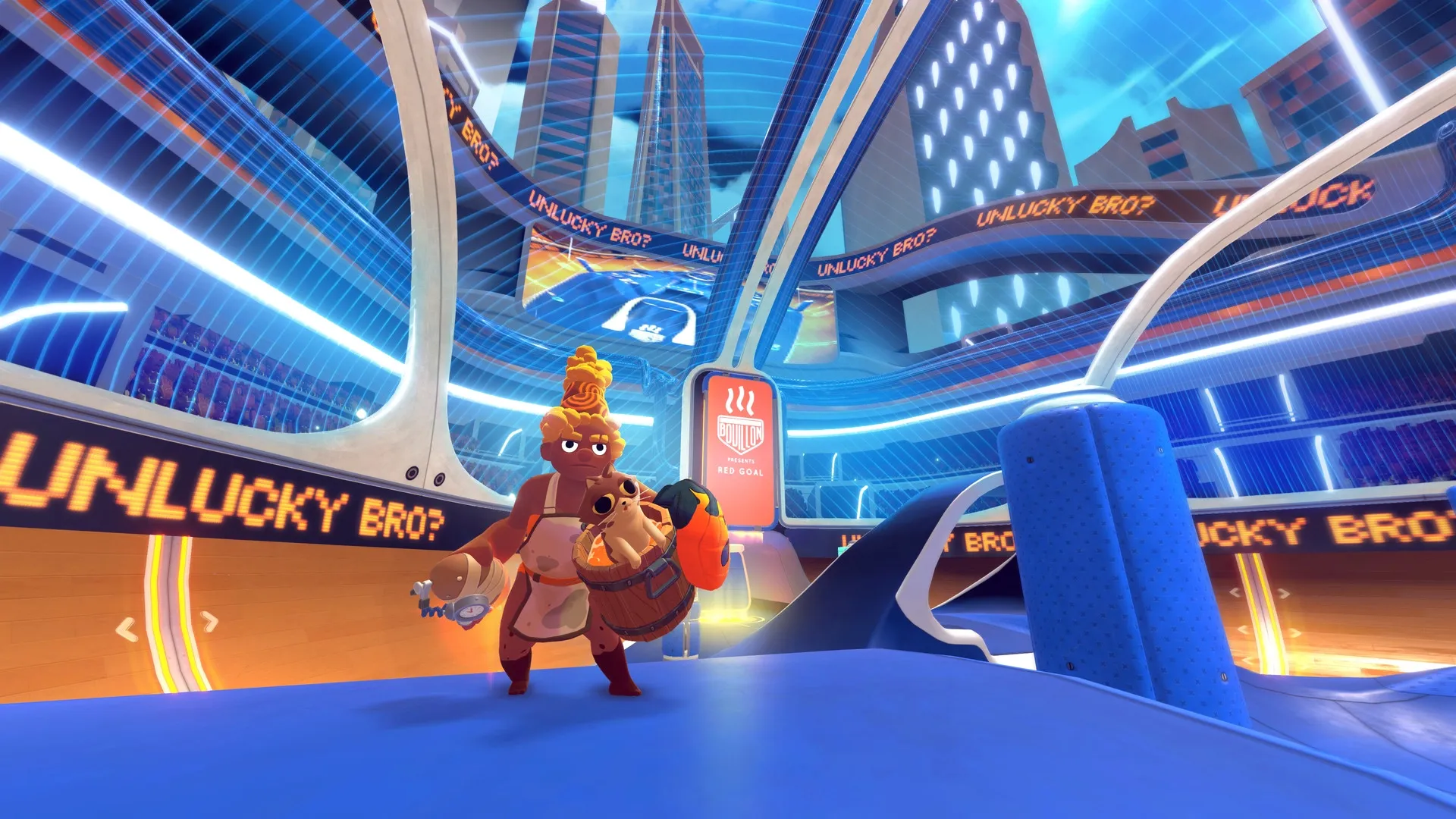 RAWMEN: Character holding a soup bowl on a vibrant arena floor with neon "UNLUCKY BRO?" signs overhead