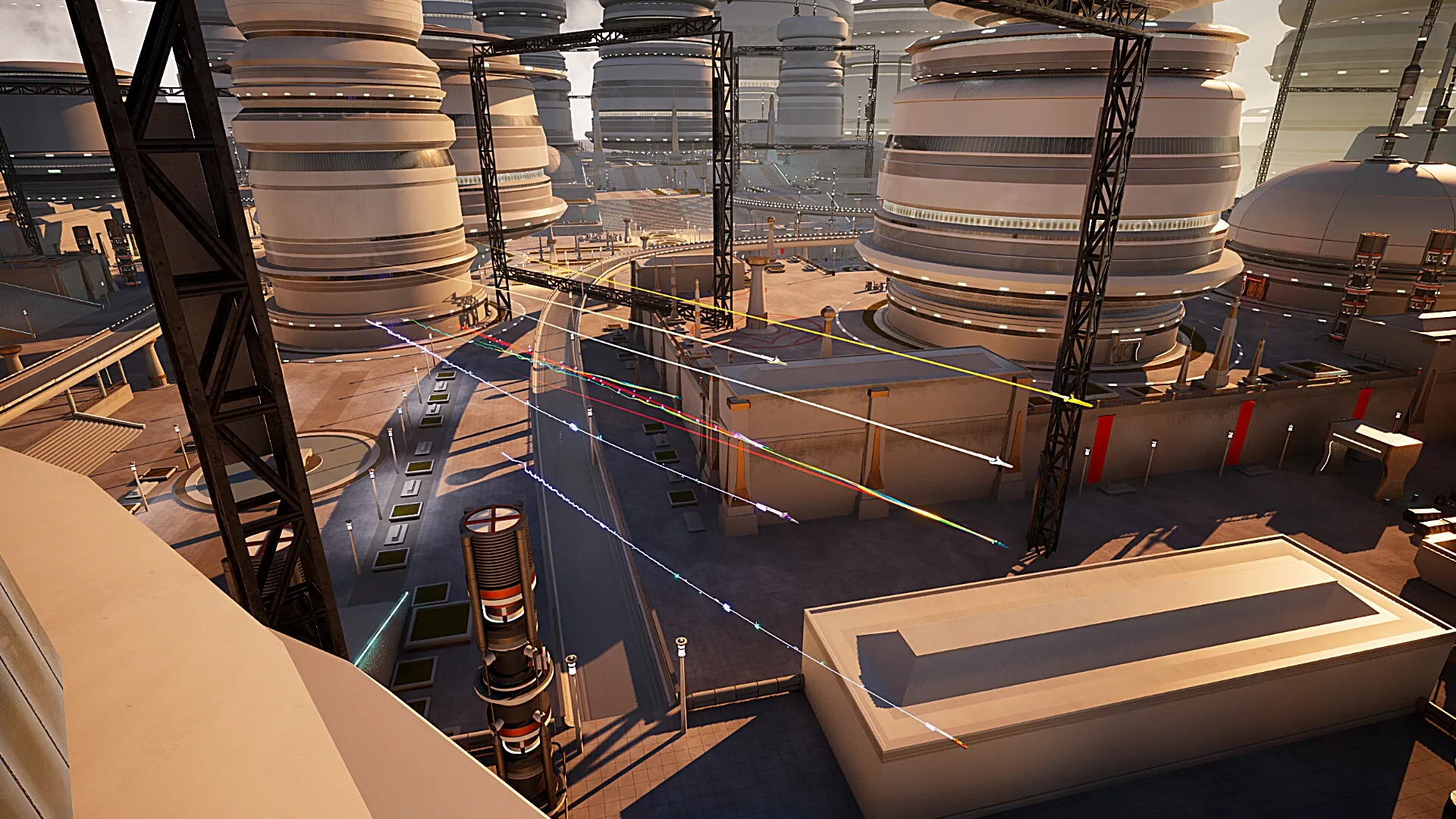 Razorback: High-speed ships race through futuristic cityscape with towering structures and colorful trails.
