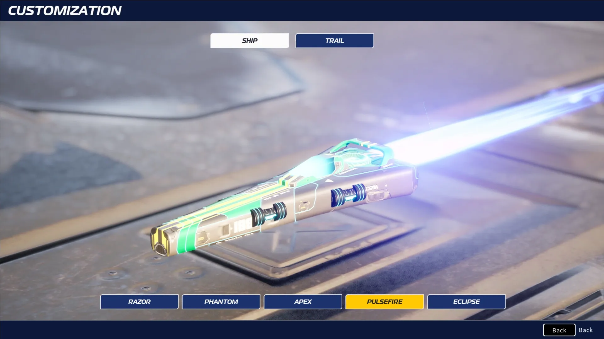Razorback: Customization screen showing ship trail selection with Pulsefire option highlighted
