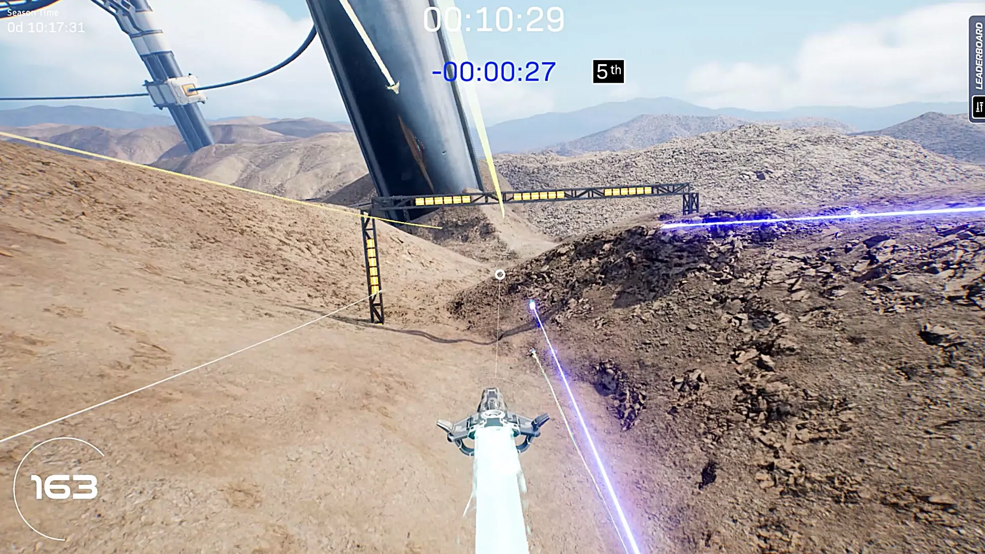 Razorback: High-speed ship navigating desert terrain with leaderboard and speed UI visible