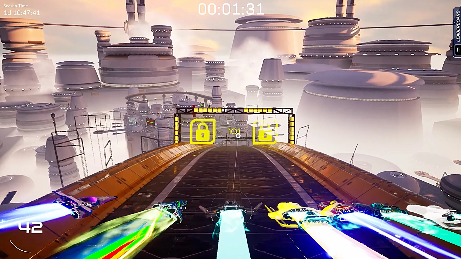 Razorback: High-speed ships racing on a futuristic track above a sprawling cityscape with a timer display