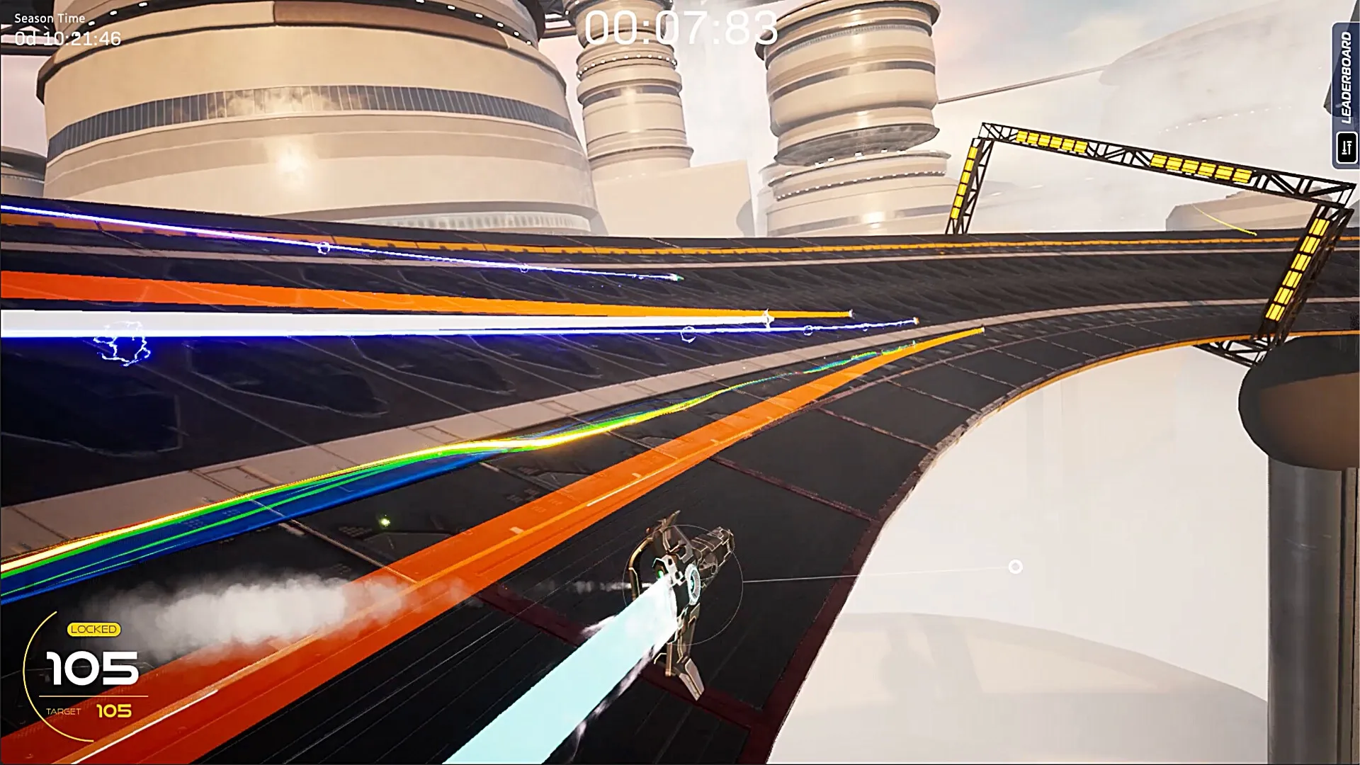 Razorback: High-speed ship racing on a futuristic track with dynamic trails and time display visible