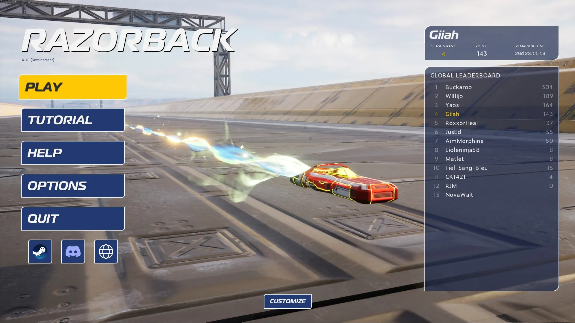 Razorback: Main menu with leaderboard beside racing ship on futuristic track environment