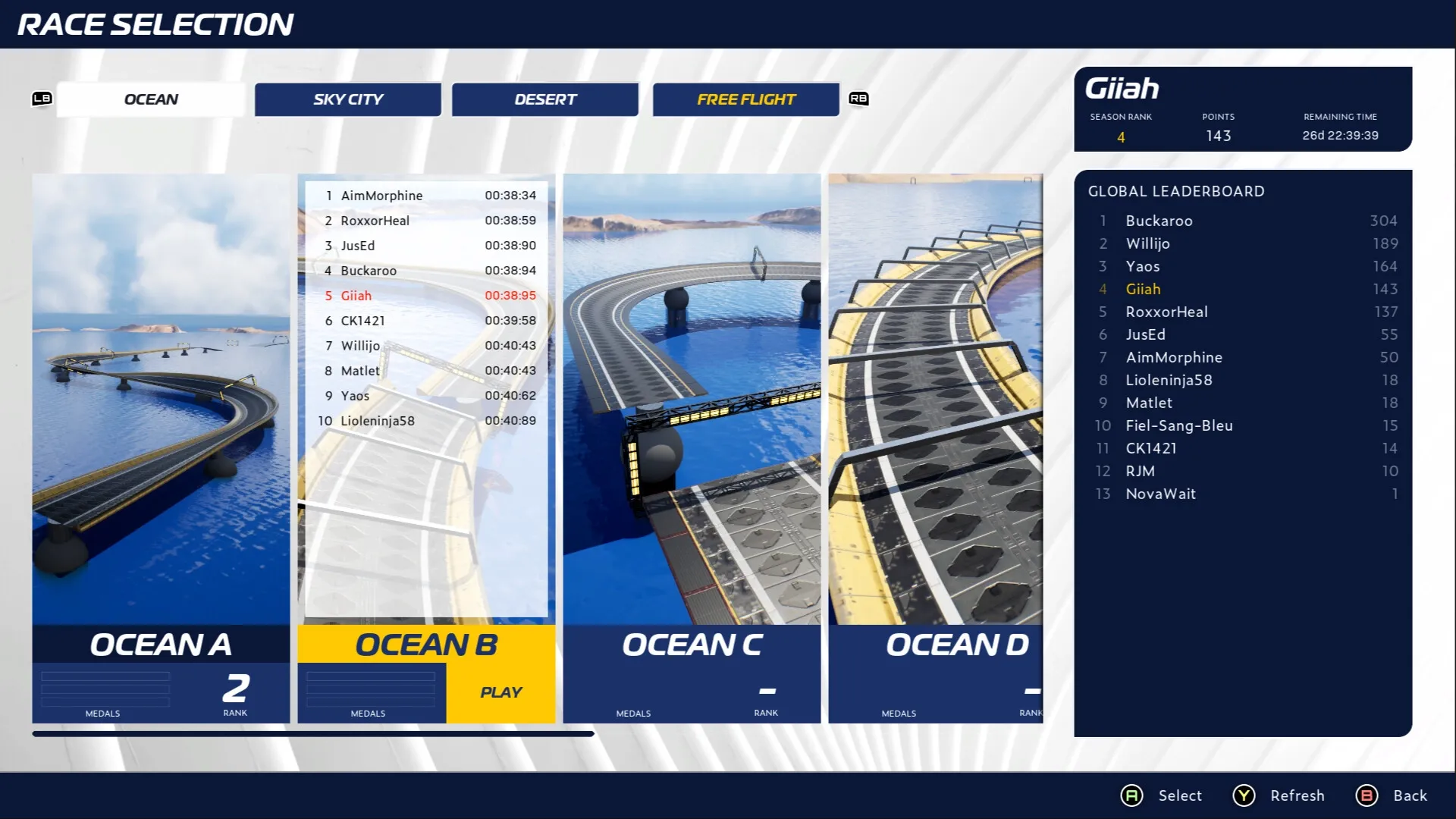 Razorback: Race selection screen with leaderboard and ocean track previews in futuristic setting.