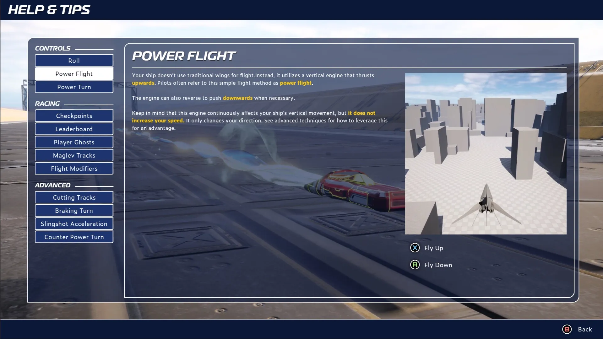 Razorback: Help menu with power flight instructions and ship flying over a grid cityscape environment