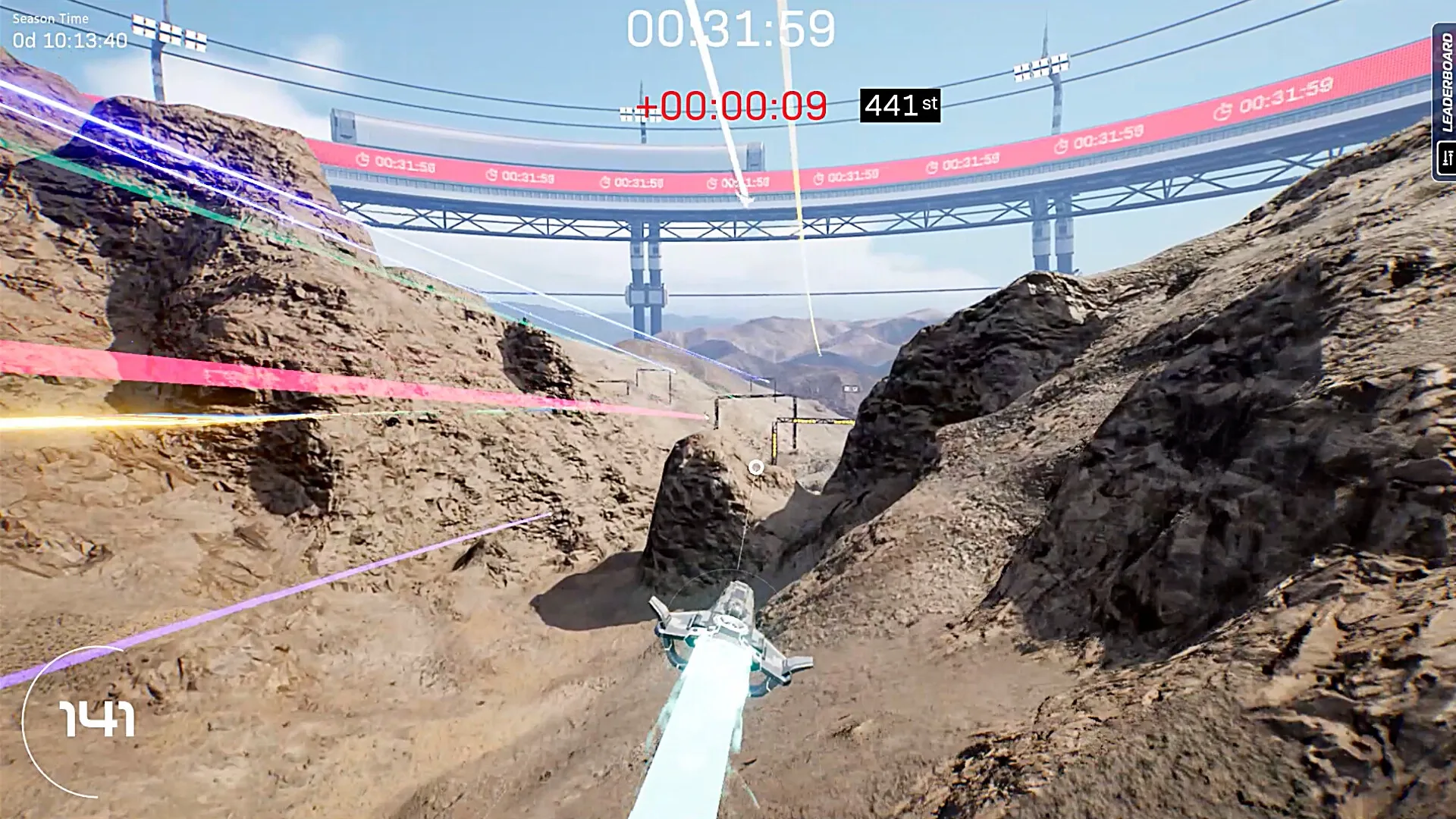 Razorback: Racing ship navigates rocky canyon with speed trails and leaderboard in futuristic setting