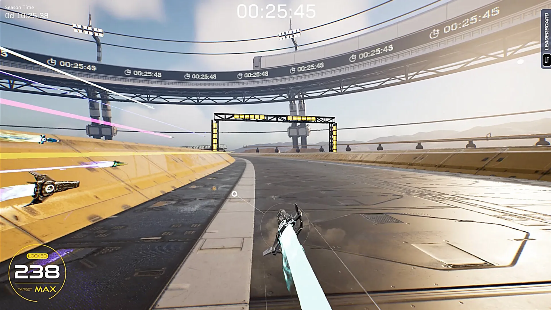 Razorback: High-speed ships racing on a futuristic track with time displays and leaderboard on screen