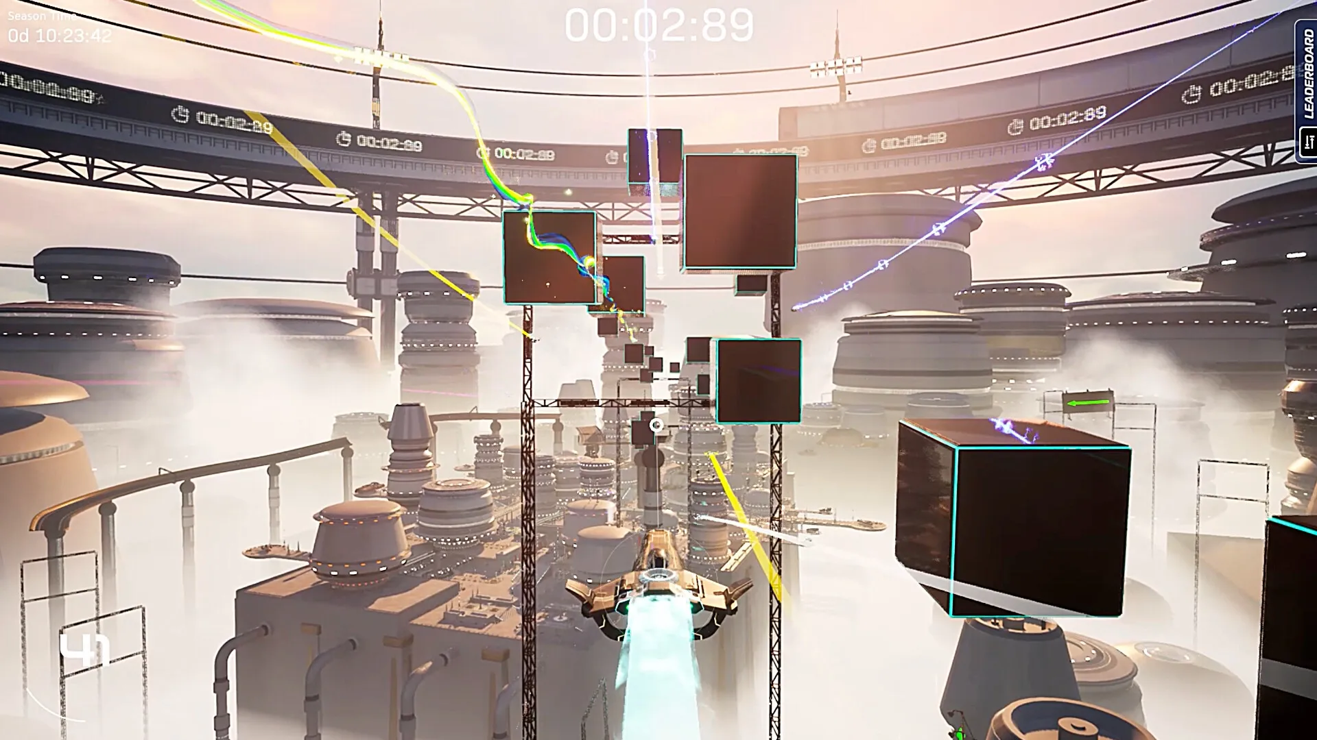 Razorback: High-speed ship navigating vertical course with obstacles in futuristic cityscape arena.