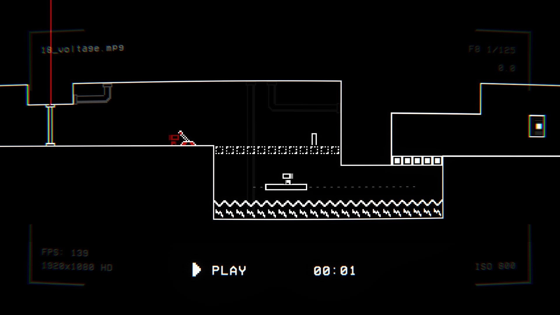 RE-TAPED: Character approaches lever in a minimalistic platformer environment with laser and water hazards.