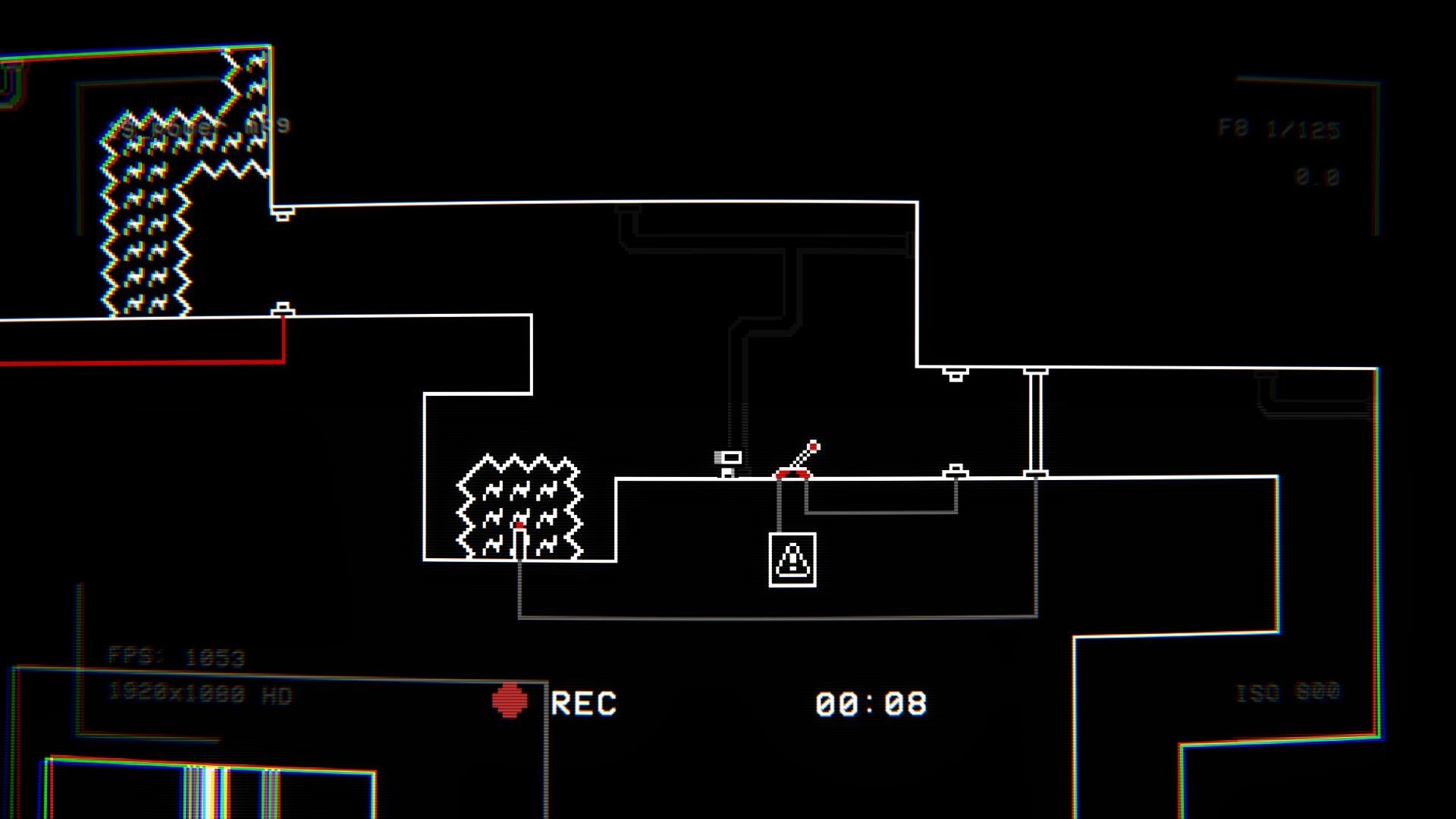 RE-TAPED: Player character near lever and pressure plate in minimalist puzzle platformer environment