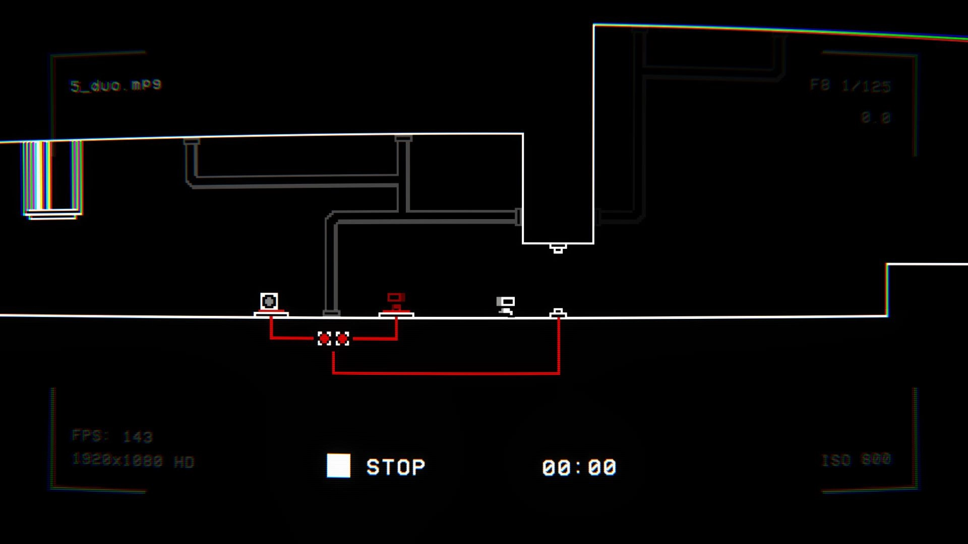 RE-TAPED: Side-scrolling puzzle with pressure plates, record timer, FPS counter, and minimalist graphics