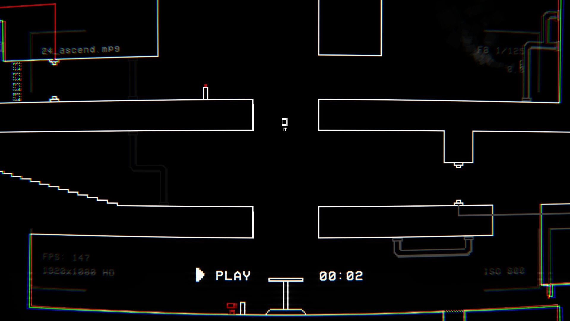 RE-TAPED: Player navigates platforms with UI showing "PLAY" button and level timer in minimalistic design.