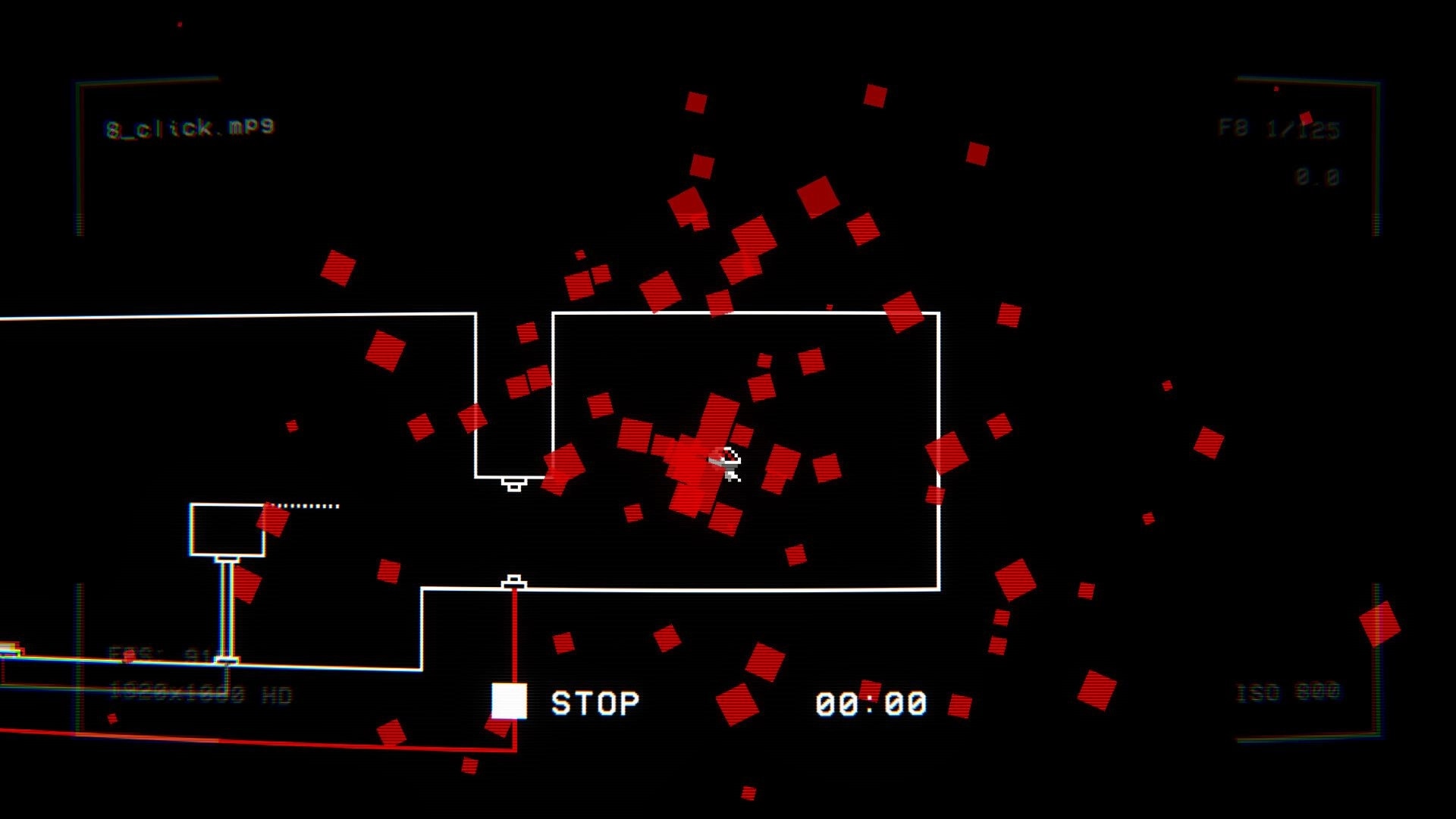 RE-TAPED: Player surrounded by red squares in a digital maze with timer and file name display on screen