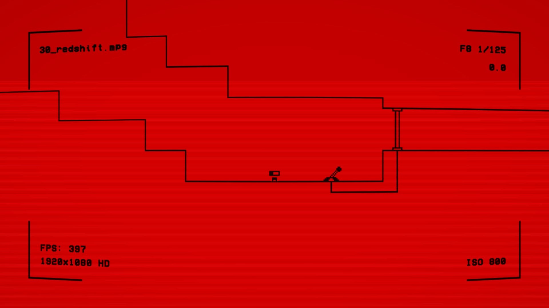 RE-TAPED: Simple red platformer level with a lever and file name "30_redshift.mp9" displayed on screen