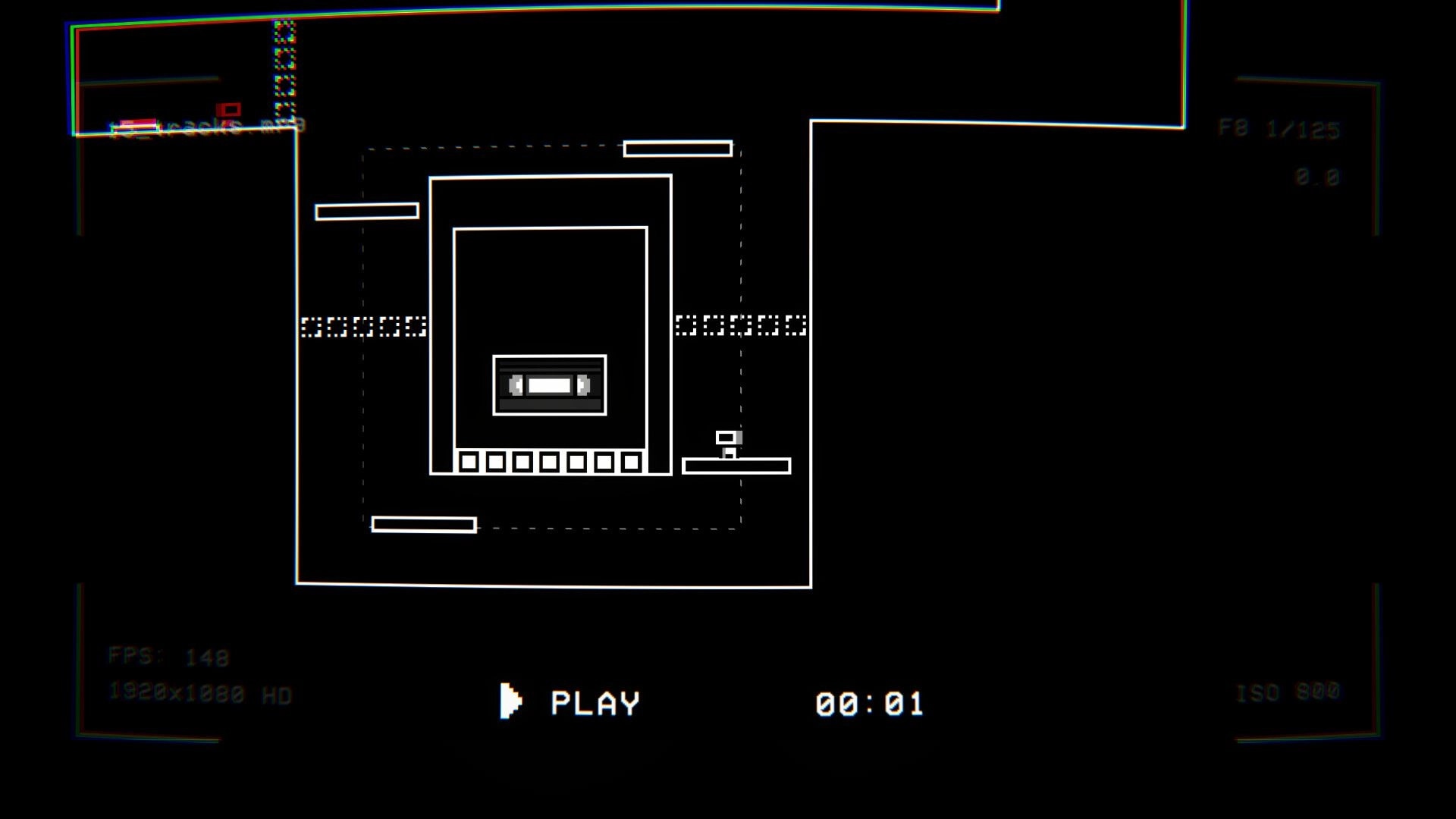 RE-TAPED: Character standing on platform near tape icon in monochrome puzzle level with UI elements visible