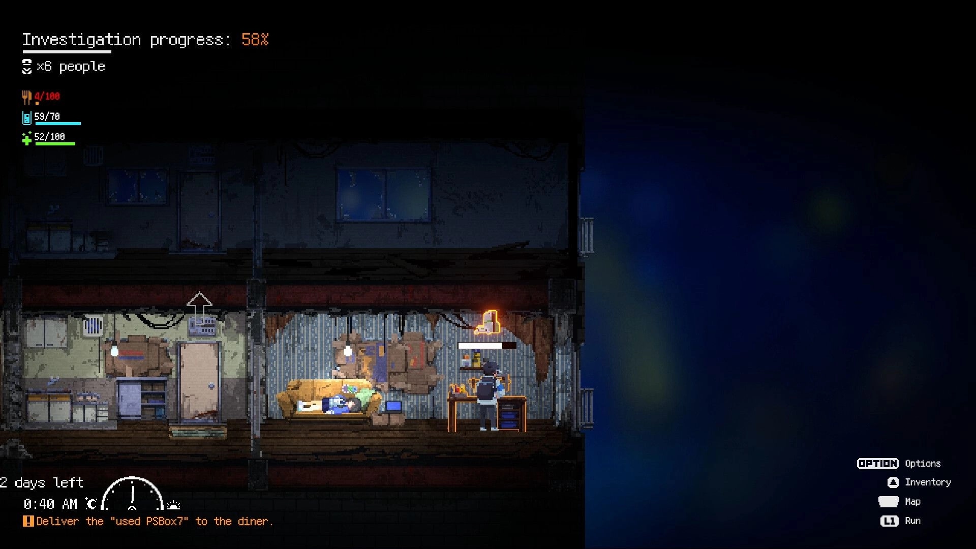 Re: Pixel art apartment interior with character crafting at a desk, inventory and task details visible