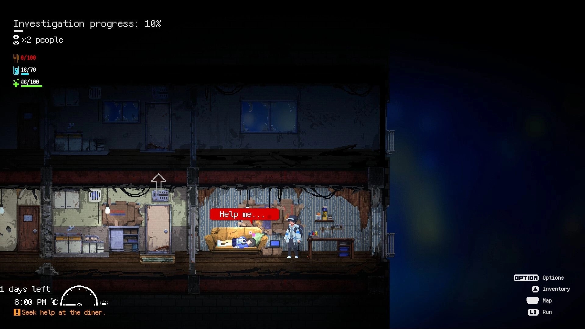 Re: Yukinori Amane aids injured NPC in pixelated Tokyo apartment interior, dialogue shows "Help me..."