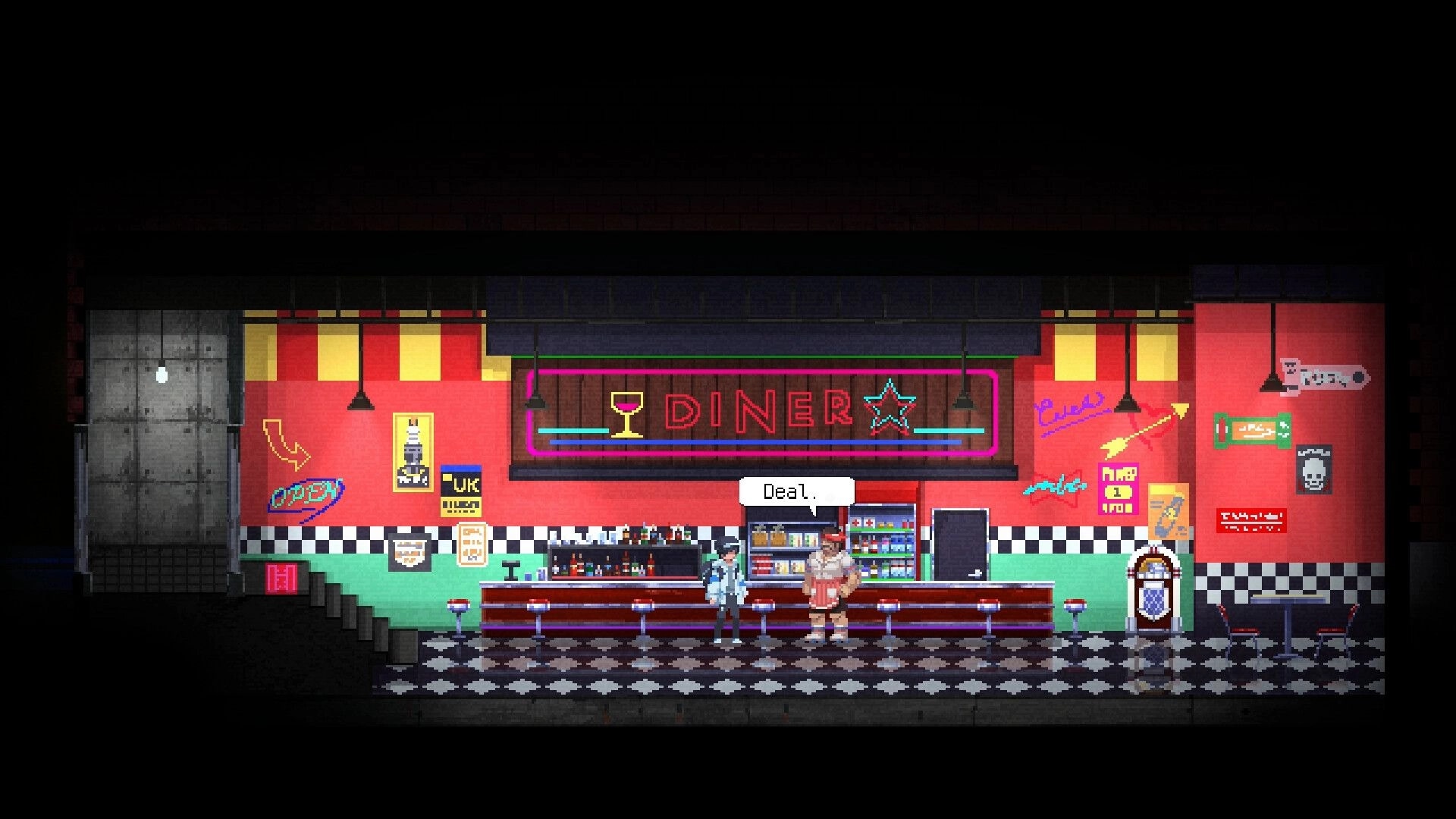 Re: Dialogue between characters in retro diner with neon signage and arcade machine in pixel art style