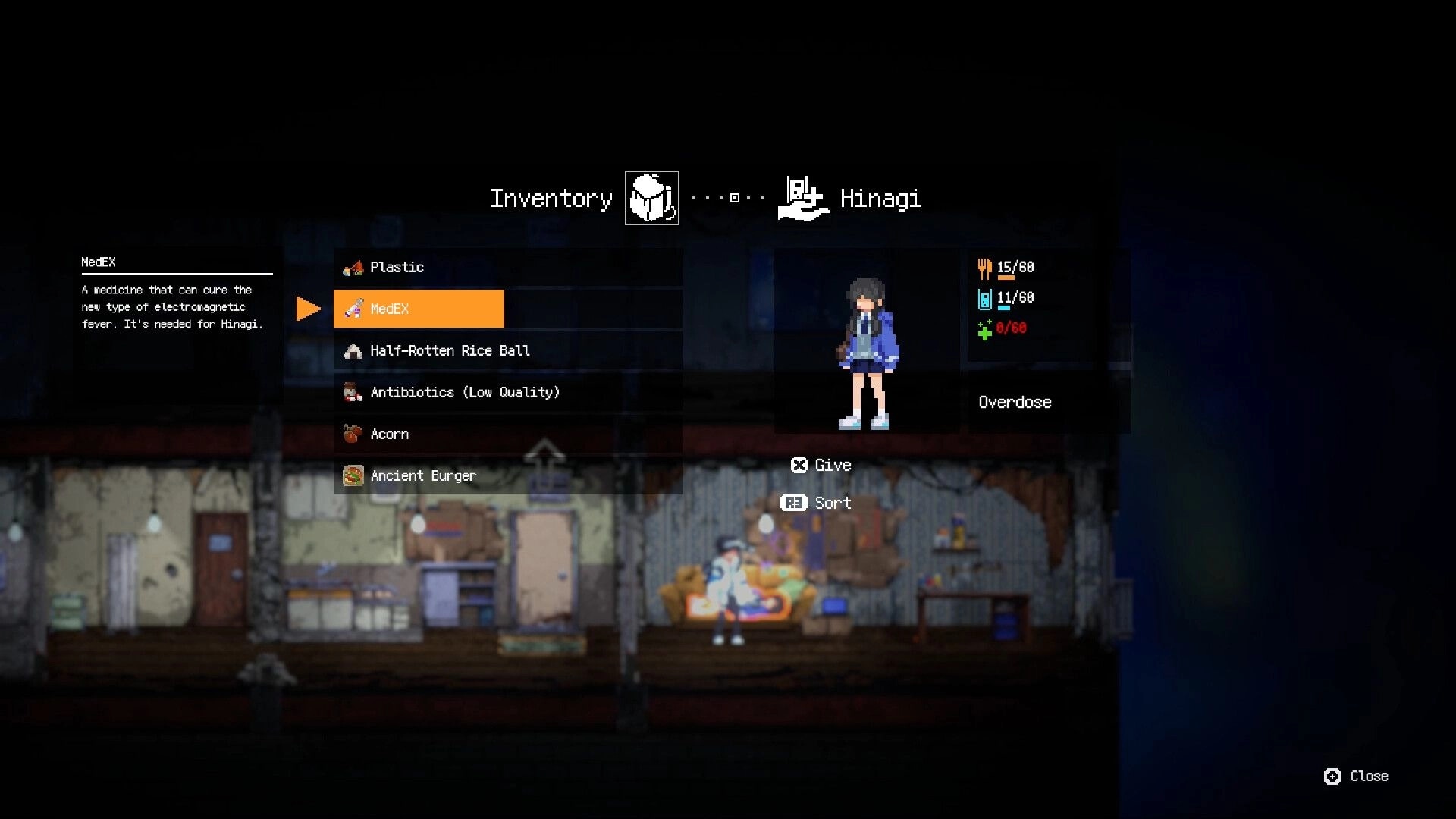 Re: Inventory screen showing MedEX selected, character Hinagi stats, and room interior background