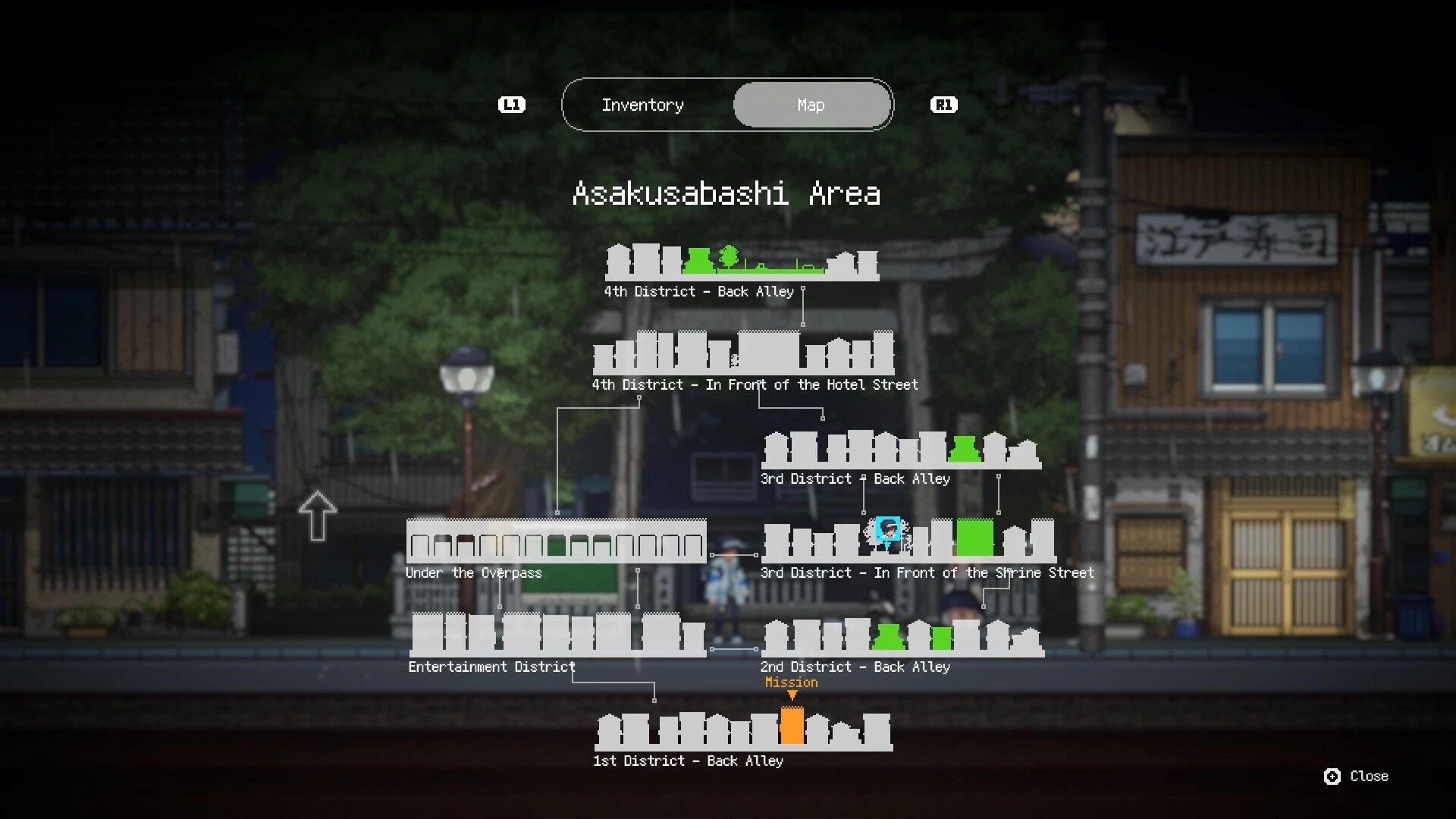 Re: Map interface displaying Asakusabashi Area districts in pixel art style with mission location marked