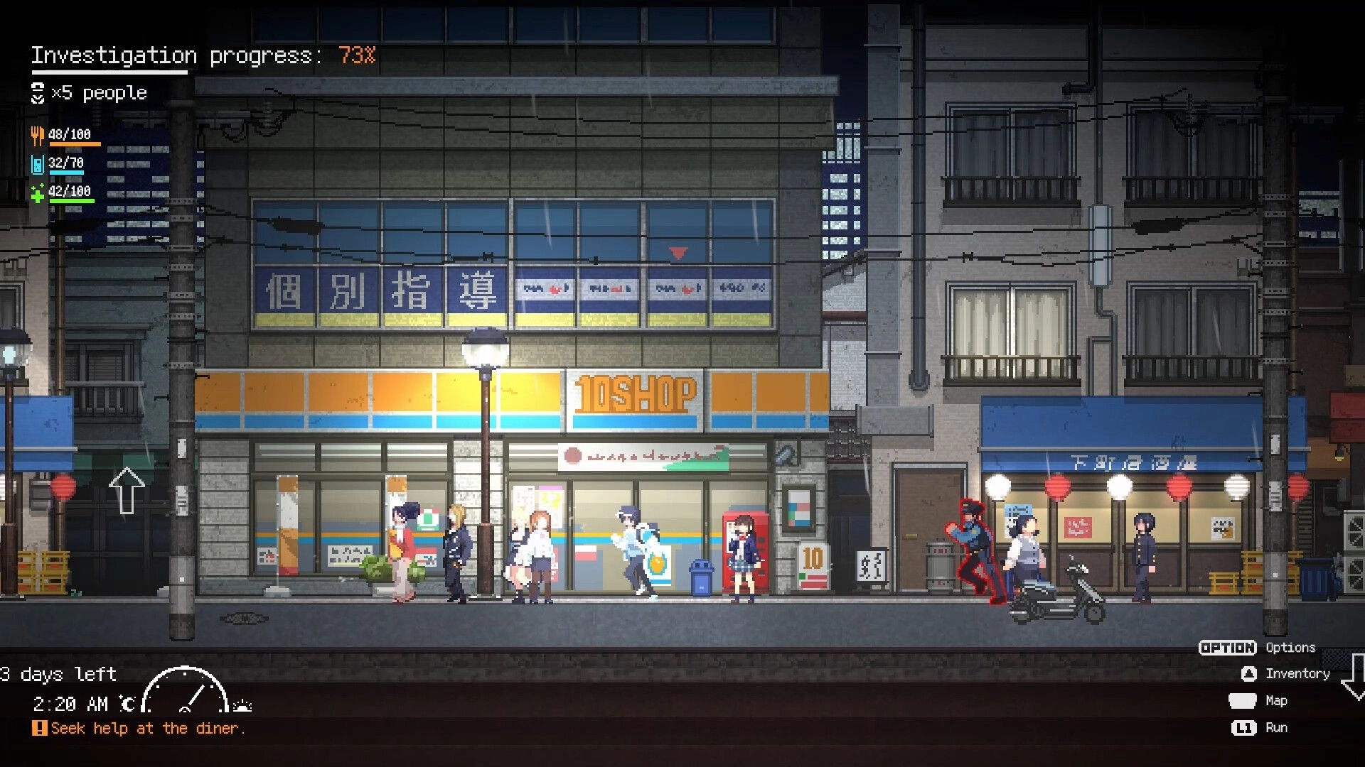 Re: Characters walking on a nighttime Tokyo street with progress bar and quest prompt visible