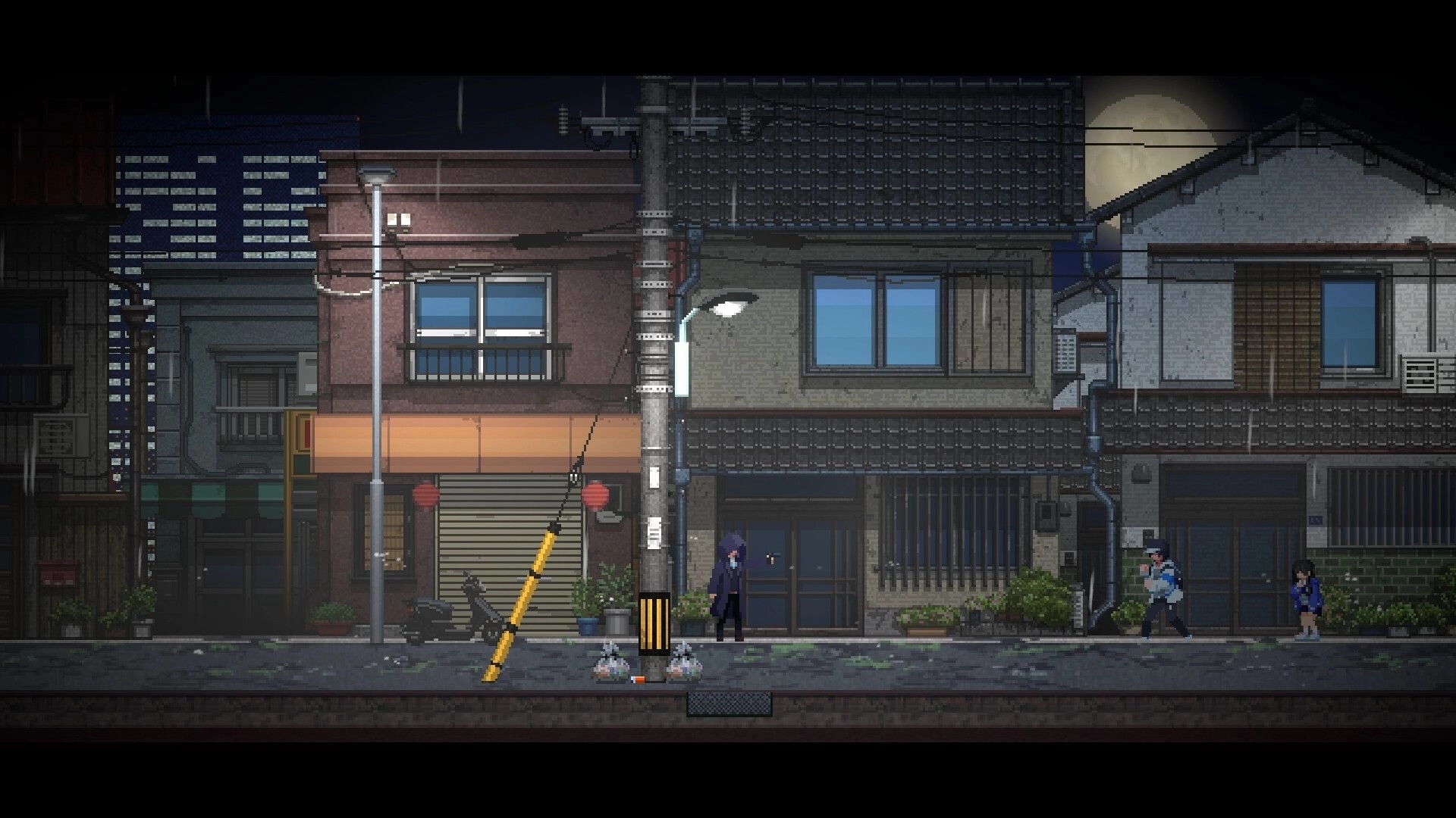 Re: Yukinori Amane in a pixel art Tokyo street at night, evading a patrolling officer under a full moon