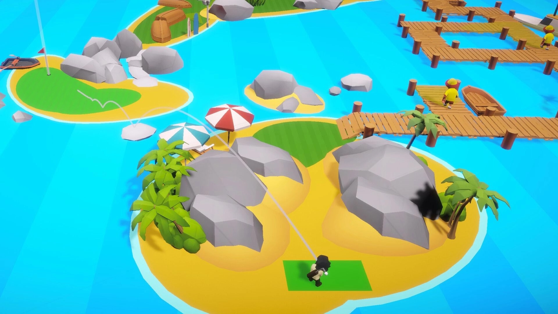Really Illegal Golf: Player aiming a shot on a small island with palm trees and wooden docks nearby