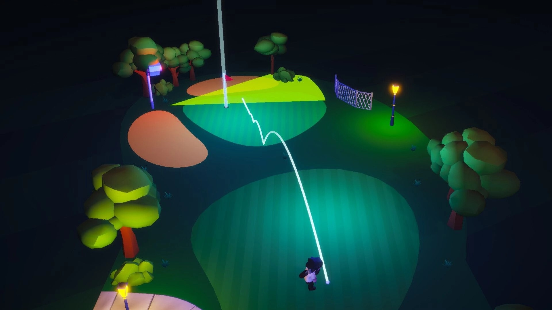 Really Illegal Golf: Player lines up a shot under glowing streetlights and trees on a night course