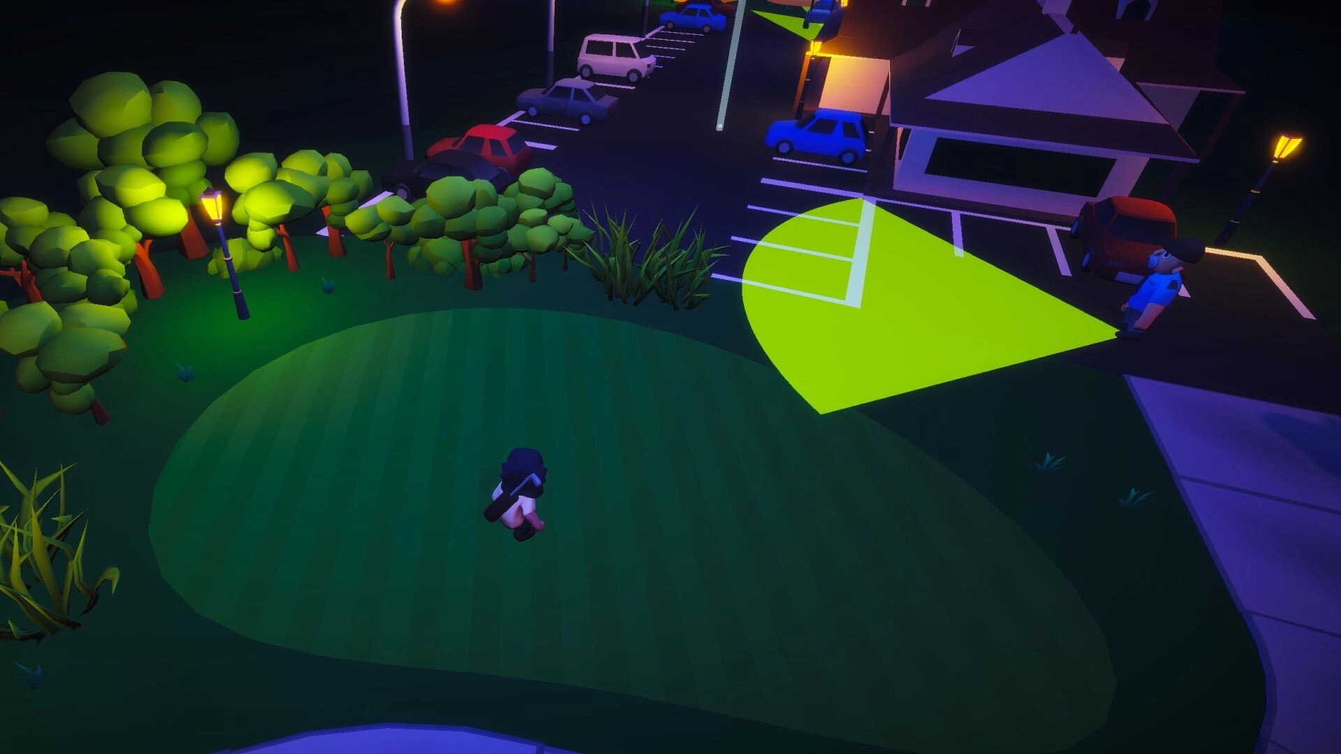 Really Illegal Golf: Player on green avoiding security spotlight near parking lot at night in city setting