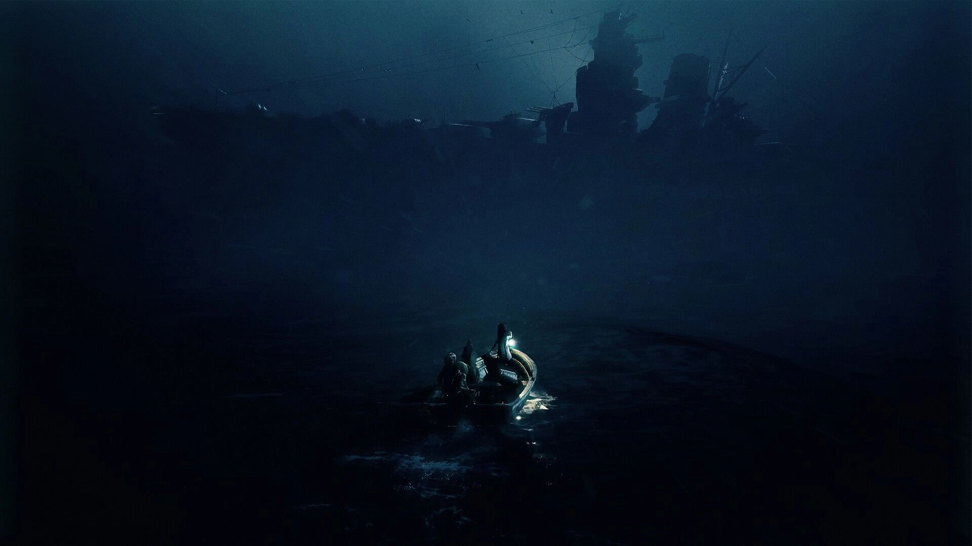 REANIMAL: Two siblings in a small boat navigate dark waters under a towering, ominous silhouette of ruins.