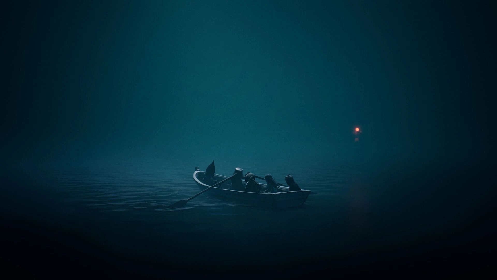 REANIMAL: Characters rowing a small boat through dark waters with a distant red light in the eerie night.