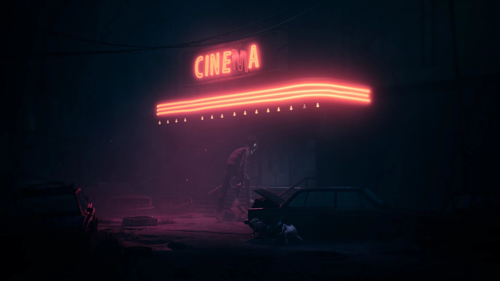 REANIMAL: Creepy figure under neon cinema sign in dark, abandoned street with cars and debris scattered