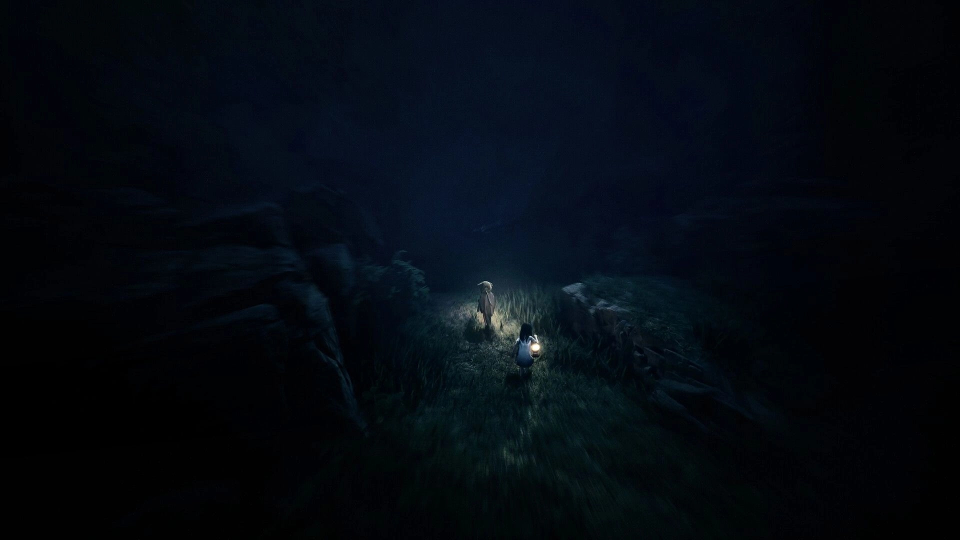 REANIMAL: Two children navigate a dark forest path, one holding a lantern to light their way.
