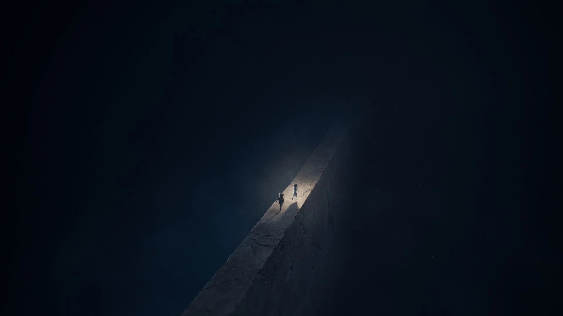 REANIMAL: Two siblings cautiously traverse a narrow, illuminated path in a vast, dark void.