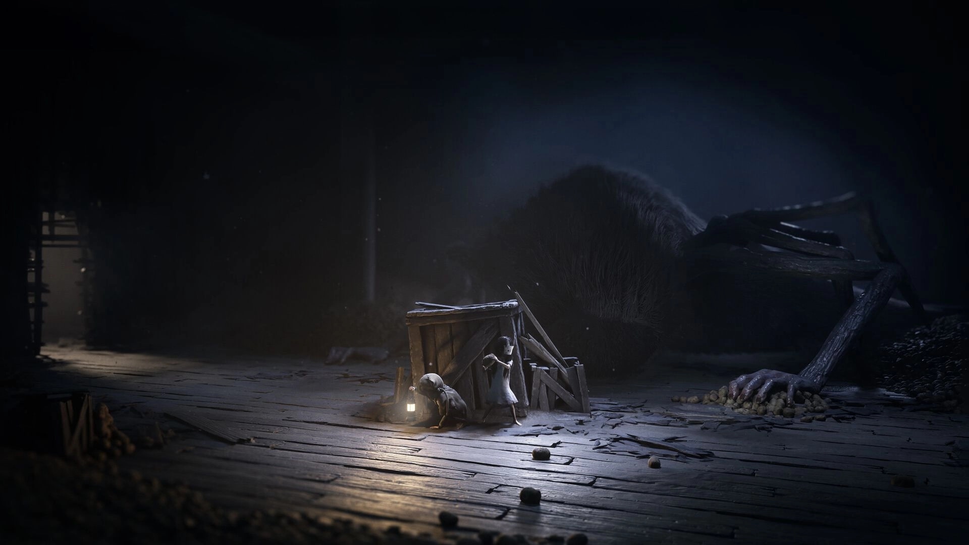 REANIMAL: Siblings hide behind wooden crate with lantern, giant creature in dark, eerie room