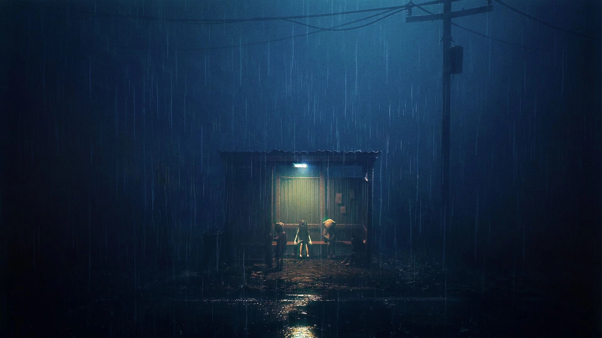 REANIMAL: Siblings seek shelter from rain under dimly lit shack in a dark, desolate environment