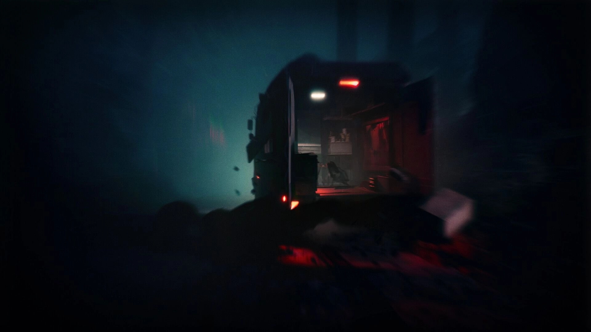 REANIMAL: Mysterious vehicle interior with dim red lights in a foggy forest environment