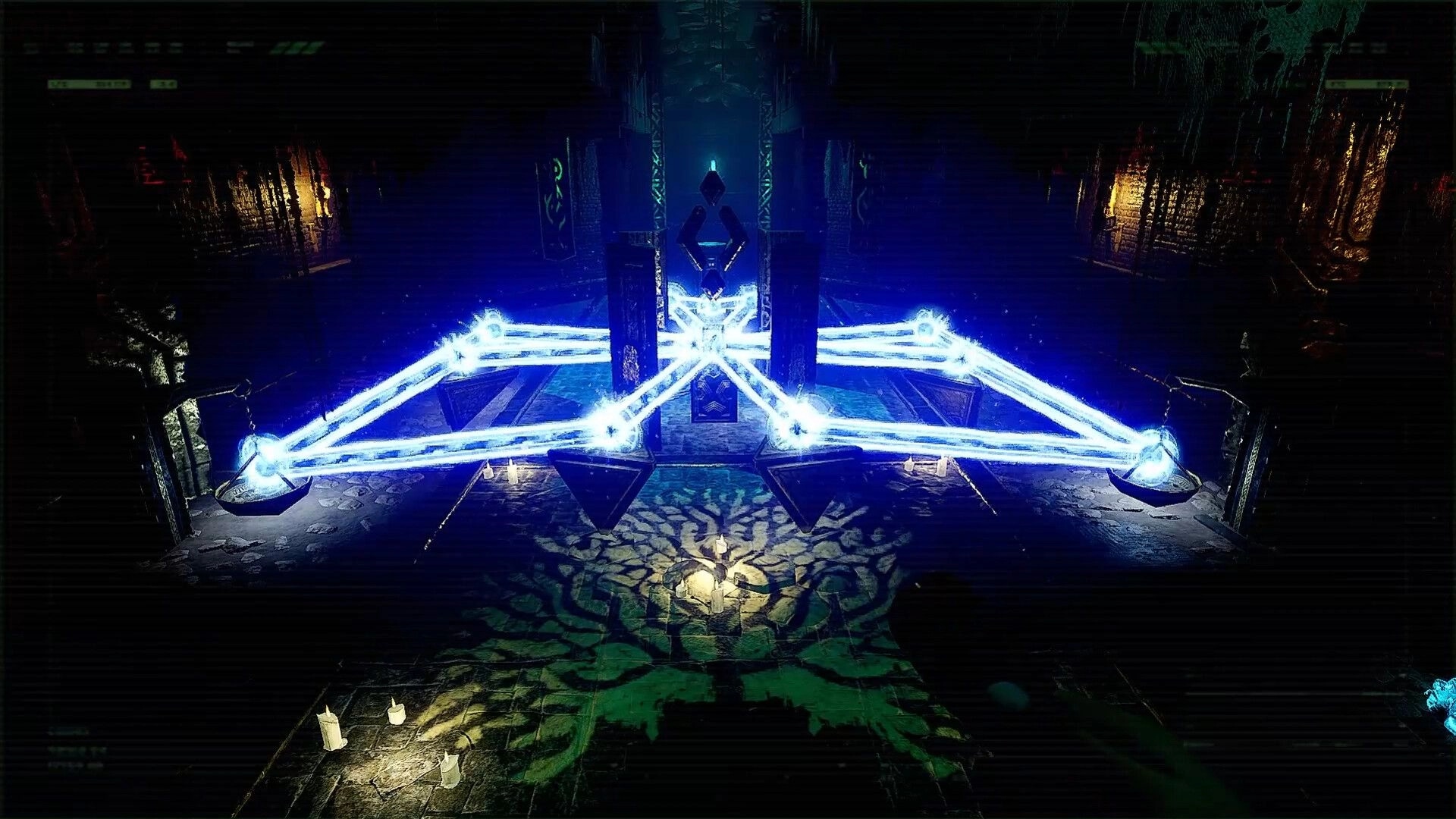REAP: Glowing blue energy beams connect pillars in a dark dungeon with mysterious symbols on the floor.