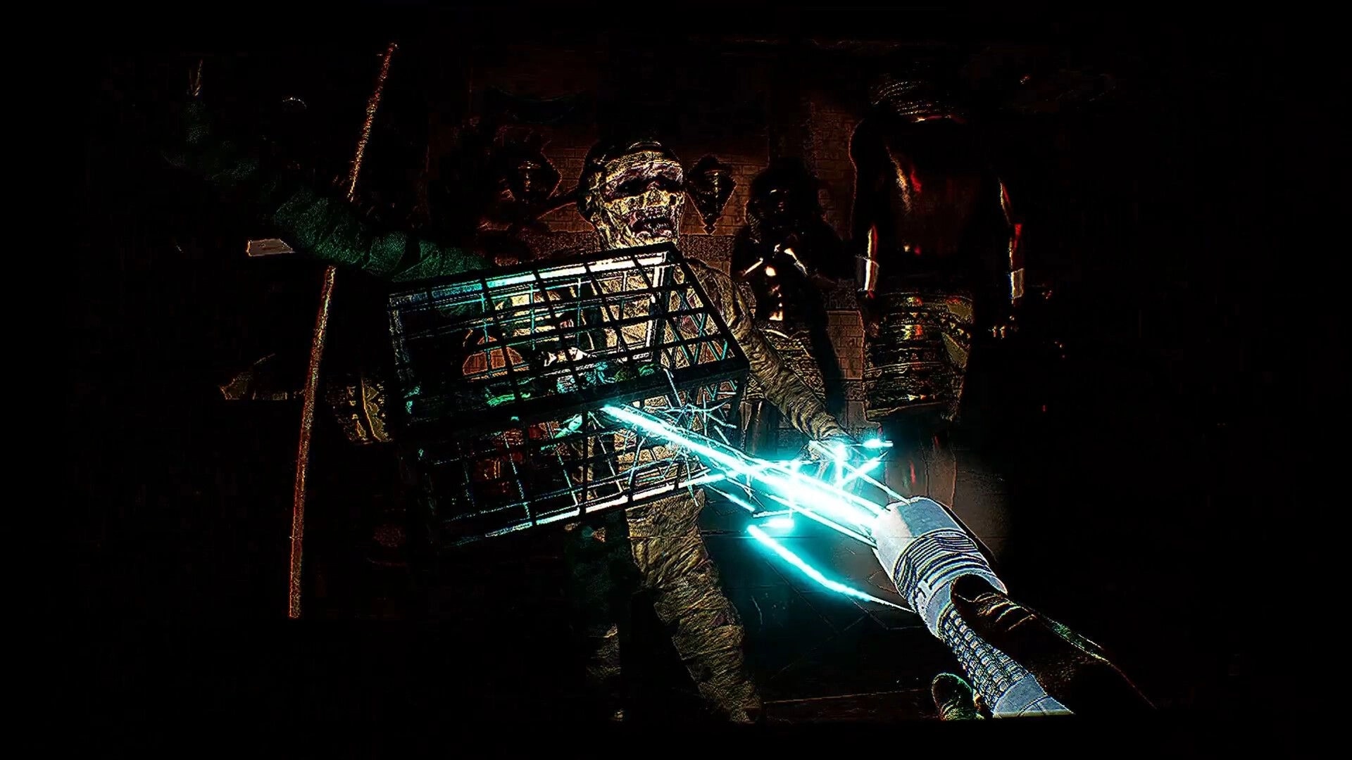 REAP: Player using glowing energy to capture a caged monster in a dimly lit dungeon environment