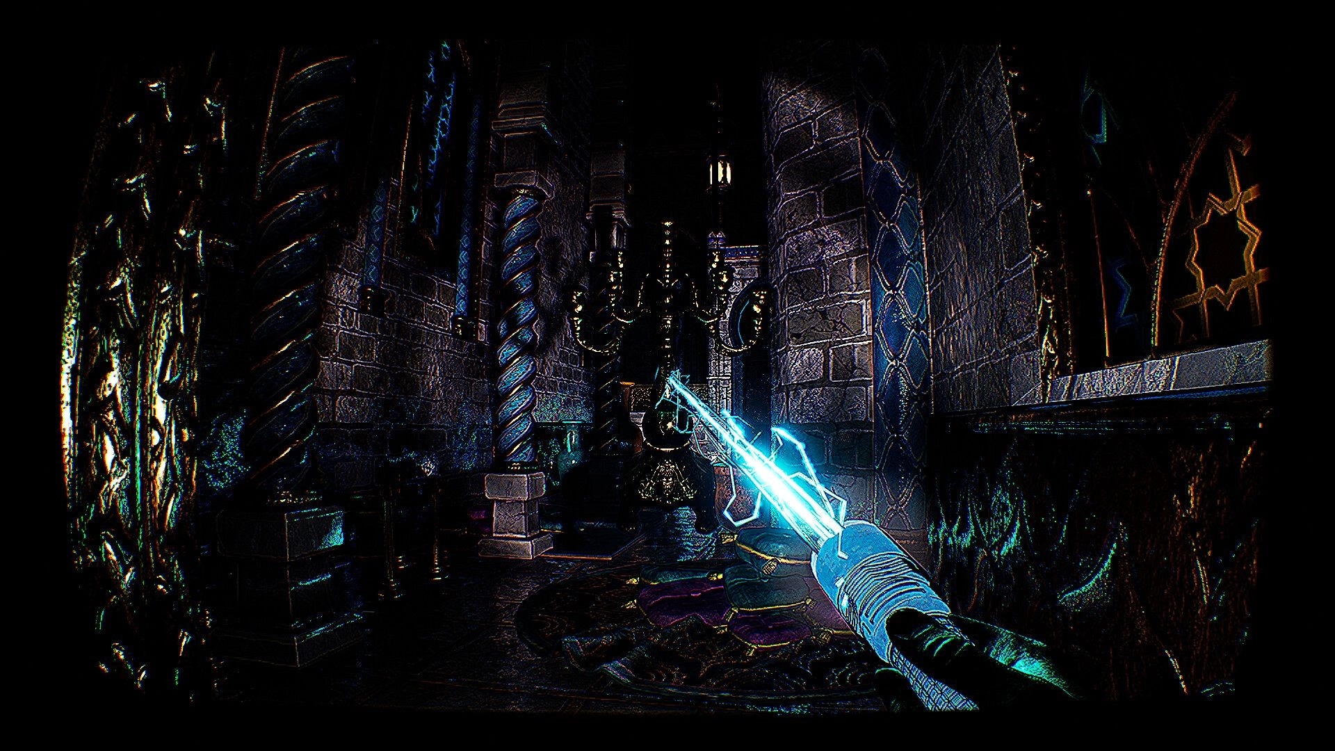 REAP: Player uses blue energy beam in a dark, ornate dungeon with stone walls and decorative pillars.