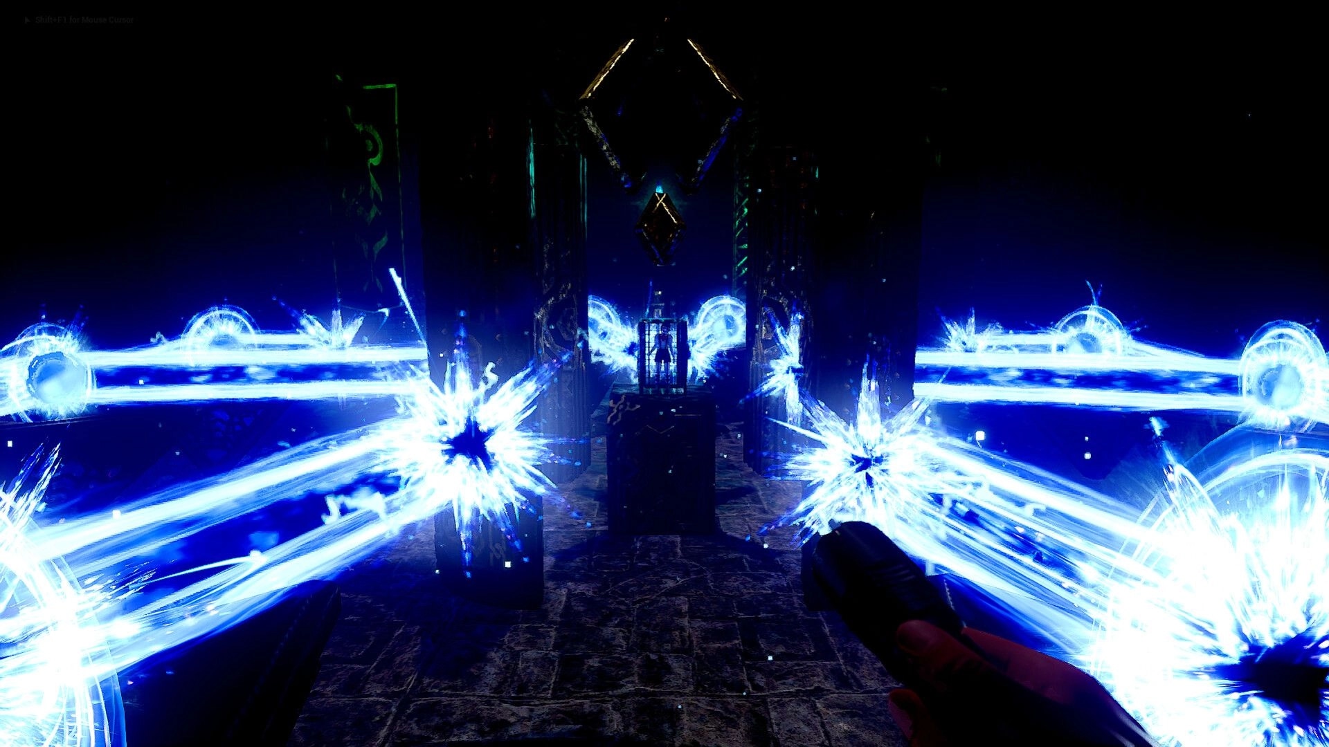 REAP: Blue energy beams and a player holding a flashlight in a dark, mysterious dungeon environment