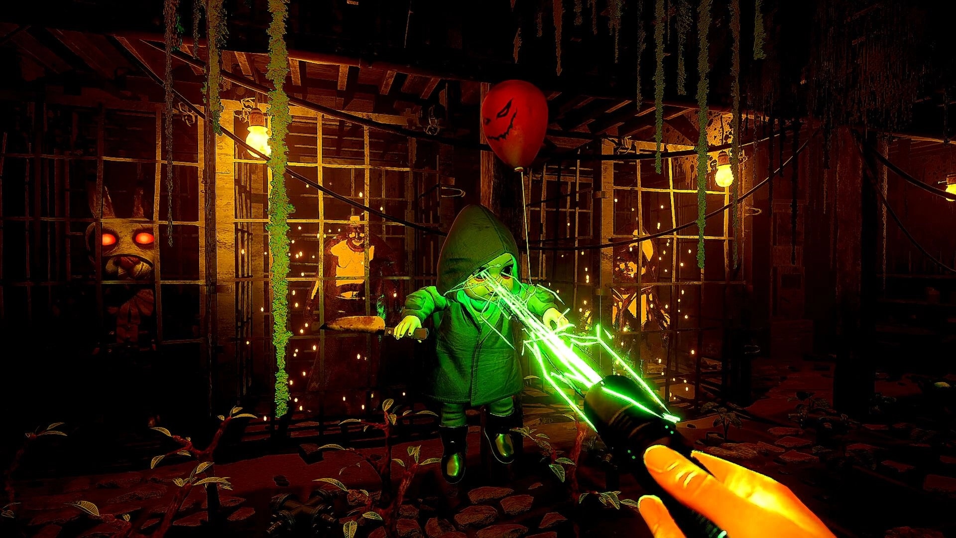 REAP: Player uses green energy beam on hooded character in dimly lit dungeon with cages and red balloon.