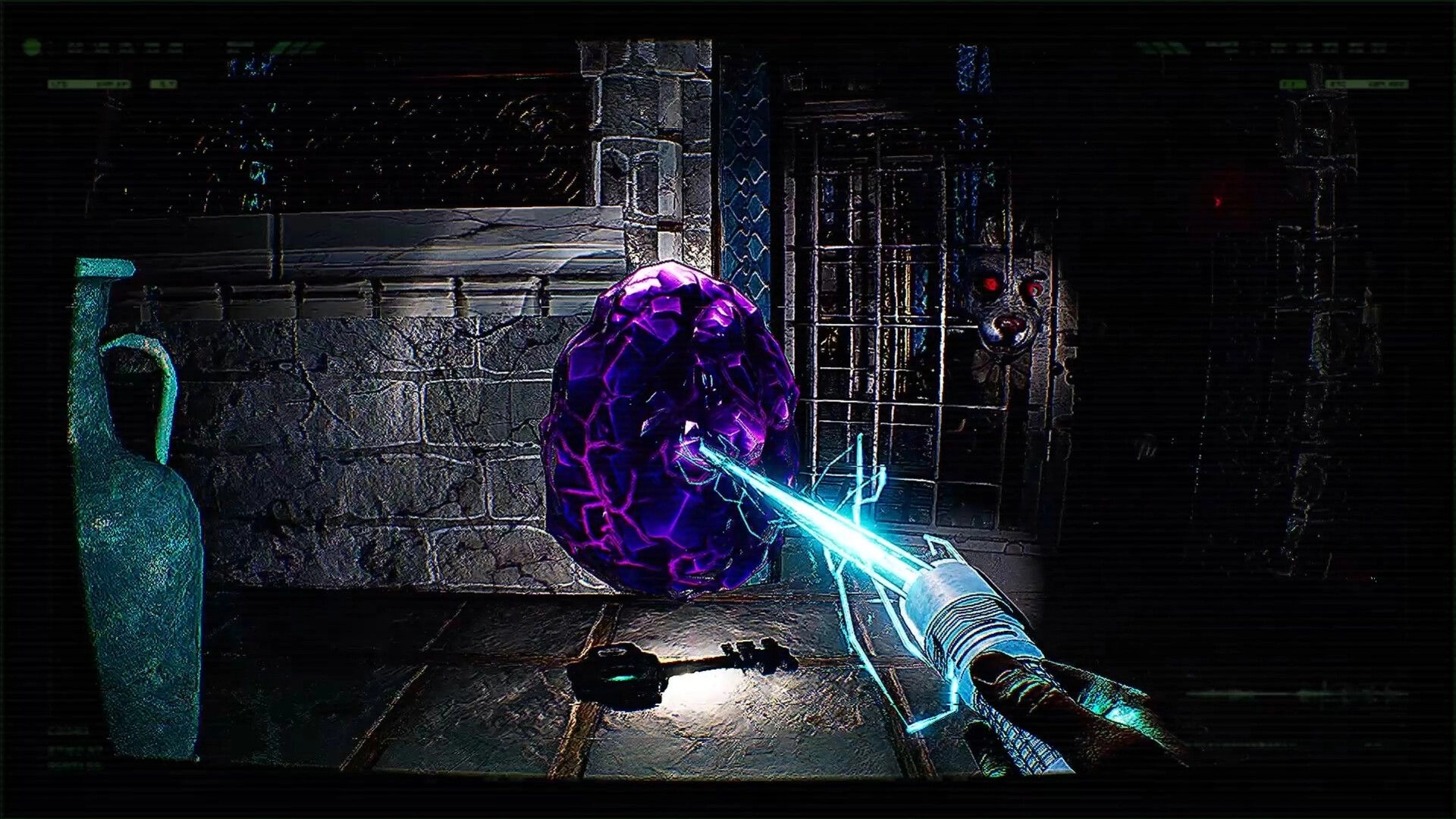 REAP: Player using energy beam on purple crystal in dimly lit stone dungeon with barred window.